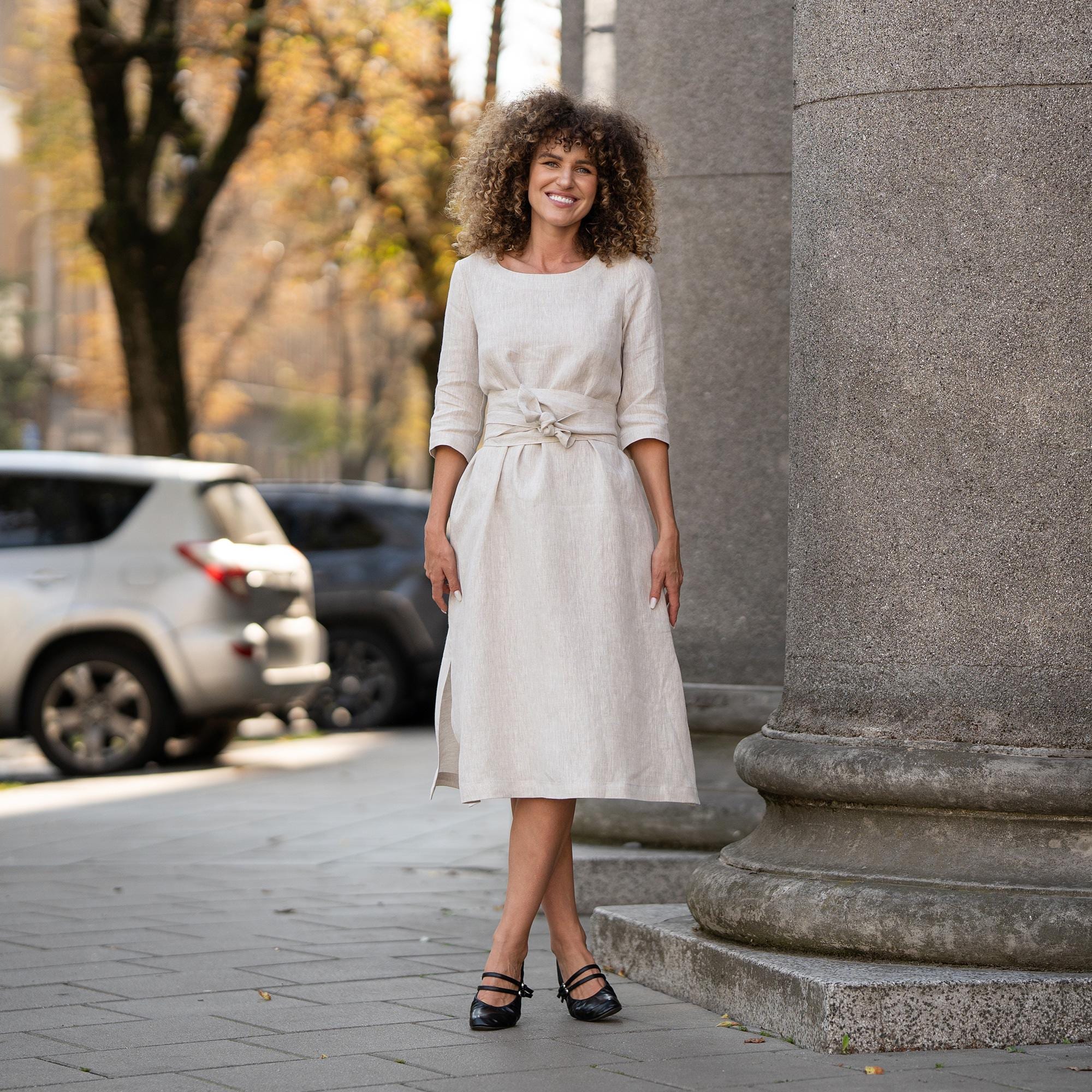 Leinenkleid mit Krawatten Wrap Leinenkleid Sommerkleid Leinen Midikleid Langarm Leinenkleid mit Taschen Grünes Leinenkleid MILEY