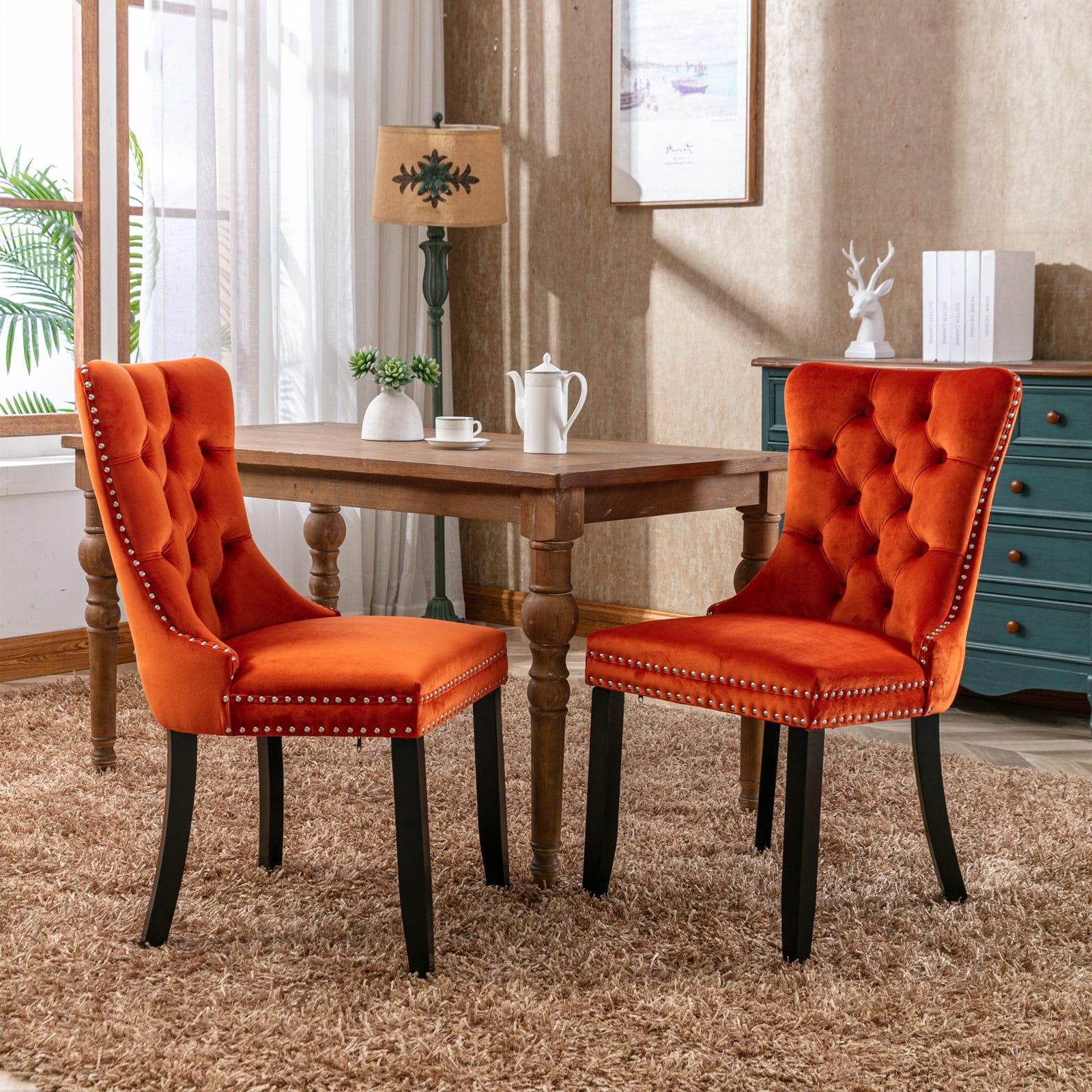Set of 2 Dining Chairs - Velvet Upholstered Side Chairs With Solid Wood Legs