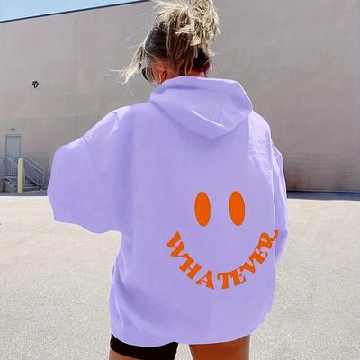 "TEMU Women's Casual Graphic Print Hooded Sweatshirt - Beige With Orange "whatever" Lettering & , Drawstring Hood, Machine Washable, , Everyday , Cozy Fabric" Image