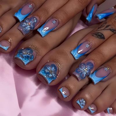 TEMU Luxury 48pcs Press-on Nail & Toenail Set With 3d Floral Rhinestones - False Nails For Women, Includes Jelly Adhesive & Nail File Image