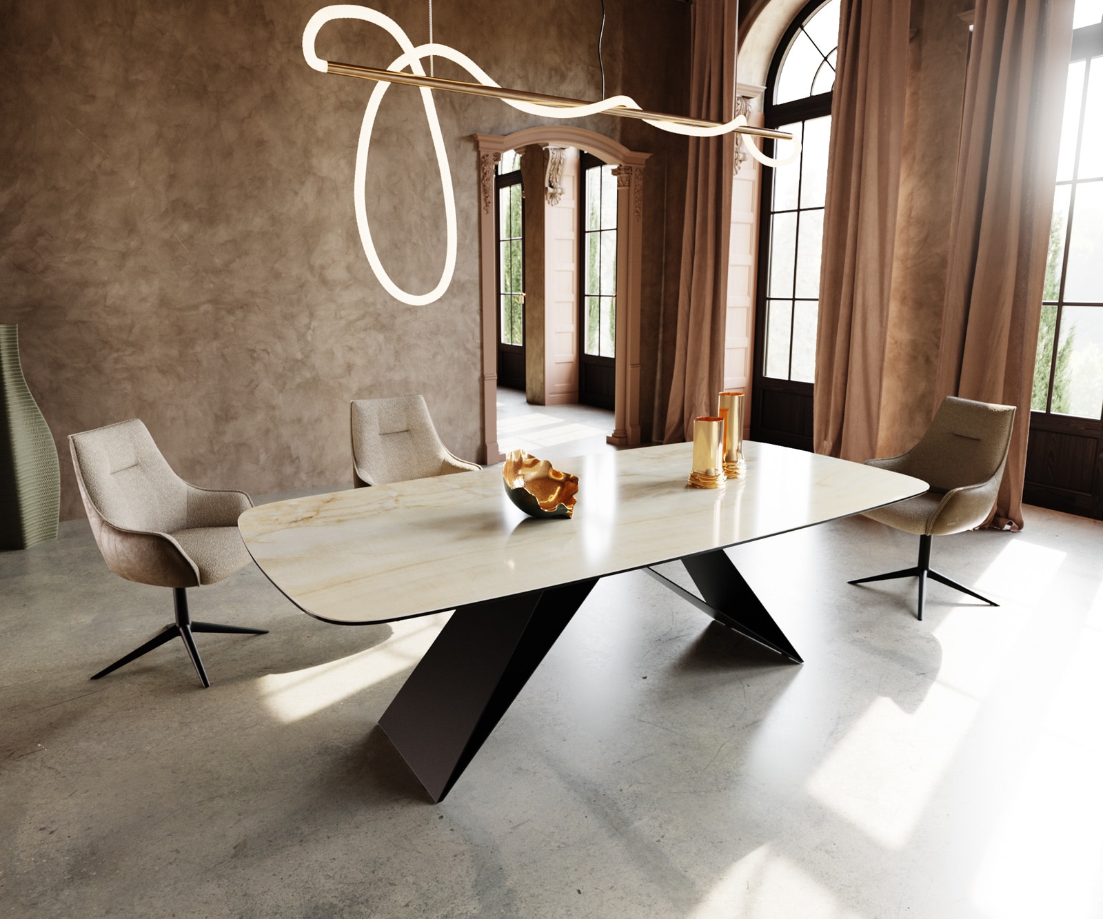 DELIFE Esstisch Edge Boot 240x120 Keramik Iris FMG Onice Oro V-Gestell Flachstahl Schwarz, Esstische Image