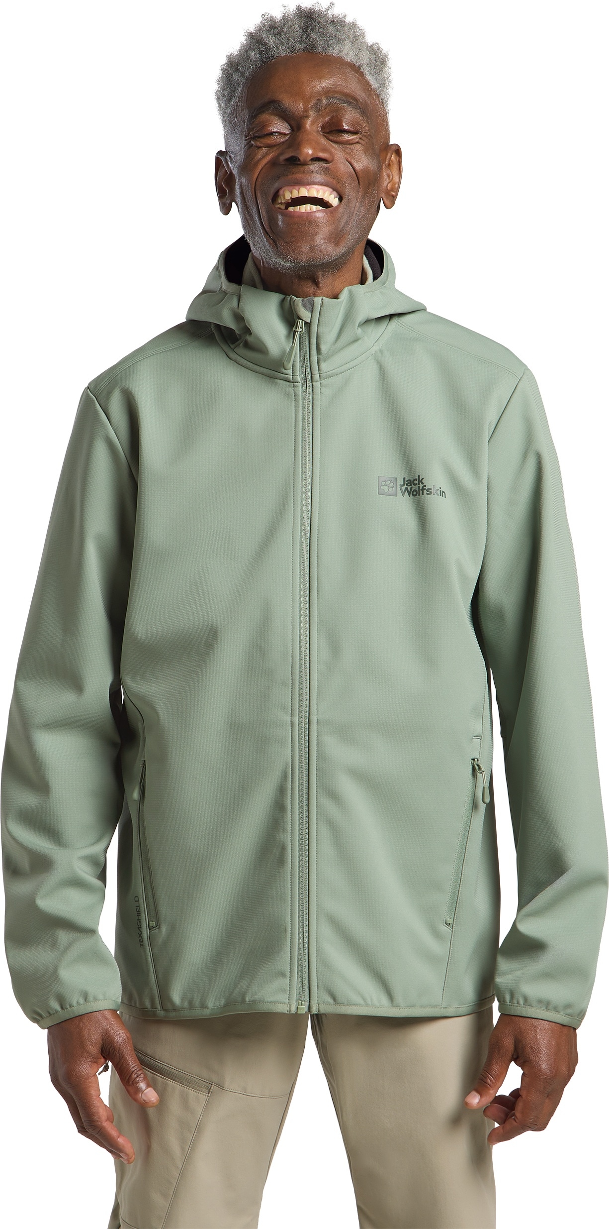 Softshelljacke JACK WOLFSKIN "BORNBERG HOODY M", Herren, Gr. L (52), grün (eucalyptus), Obermaterial: 100% Polyester, Jacken Softshelljacke