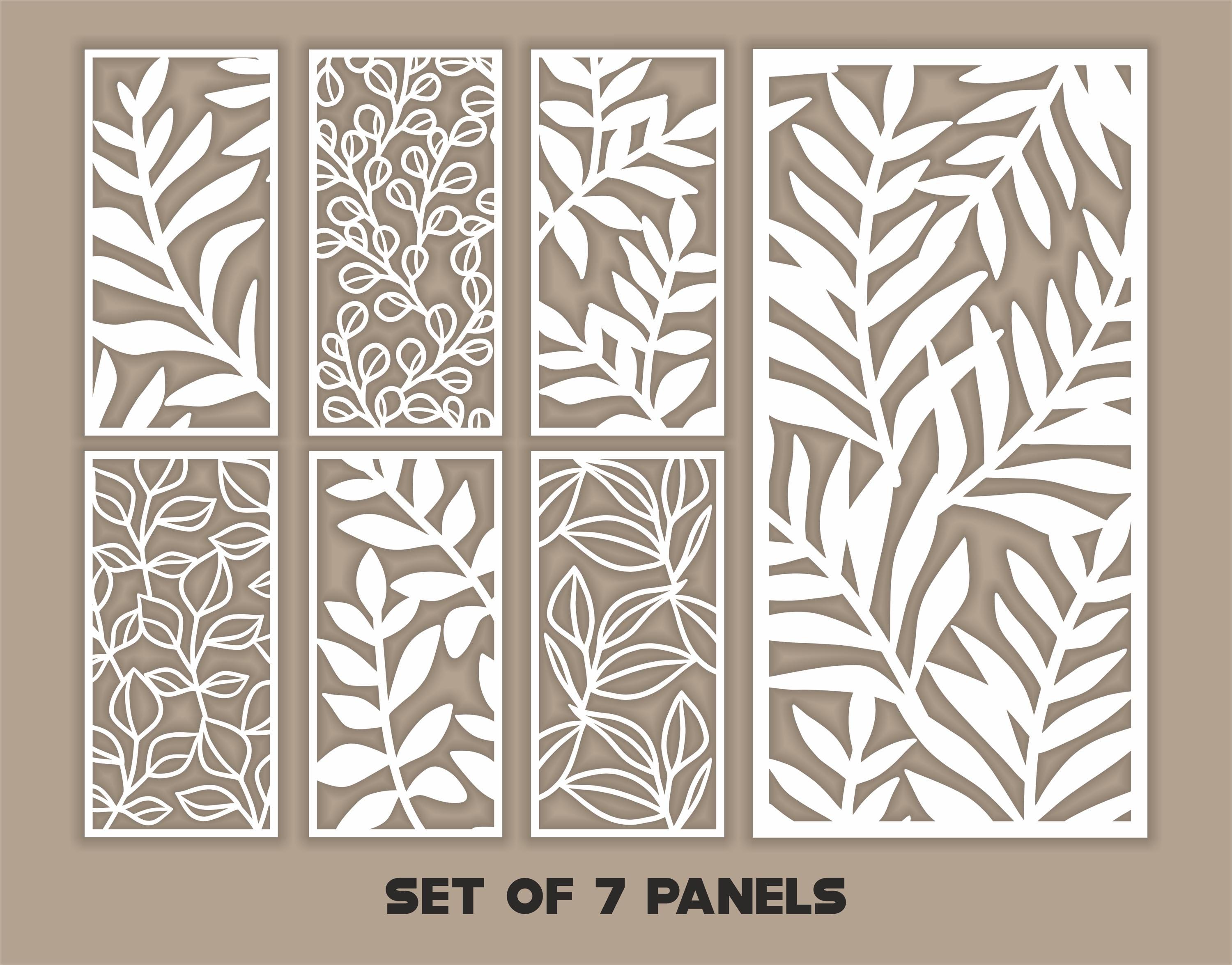 Set di modelli SVG per pannelli con motivi floreali n. 34. 7 file vettoriali per taglio laser. Divisorio per ambienti a forma di foglia in formato SVG
