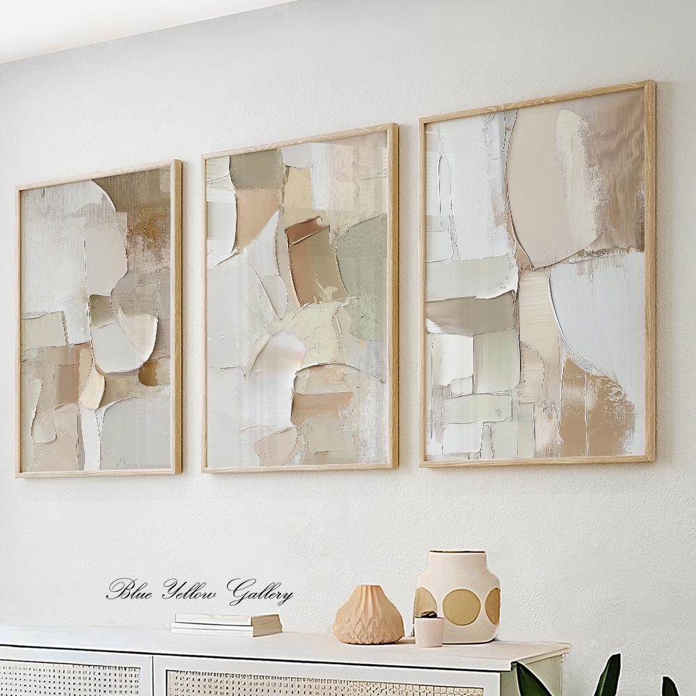 Set di 3 stampe da parete astratte minimaliste beige neutro. Set di stampe da parete astratte pastello, extra large, beige.
