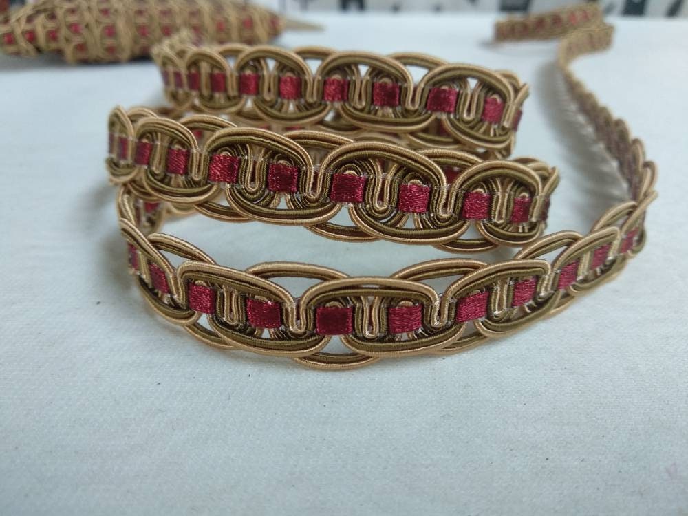 Bordi con frange sottili in treccia rossa e oro, passamaneria, passamaneria per tappezzeria, 1,5 cm, frange intrecciate, passamaneria per tappezzeria,
