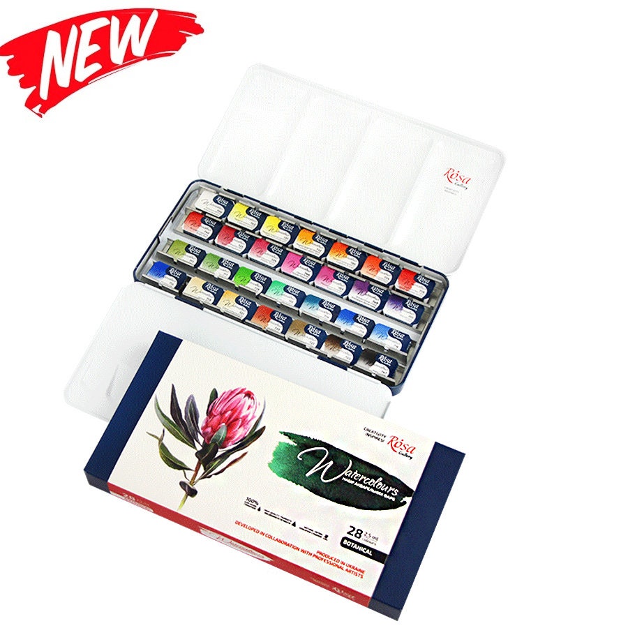 Set di colori per acquerelli Acquerelli professionali 2,5 ml Vaschette piene 28 colori Set di colori per acquerelli BOTANICI metallo penale UCRAINA Ro