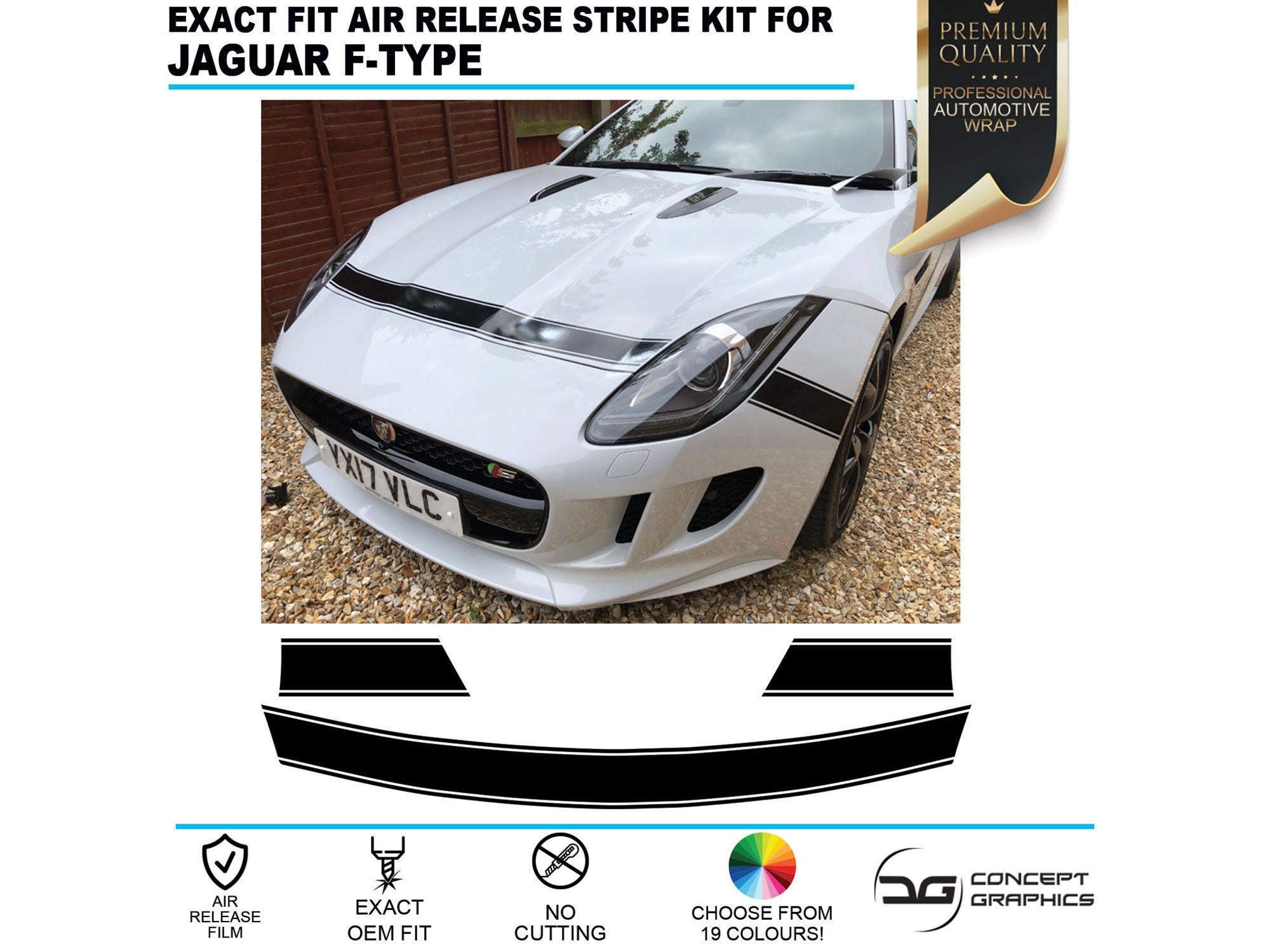 Kit di strisce per cofano in stile Project 7, vinile di rilascio dell'aria con vestibilità esatta in fabbrica per Jaguar F-Type