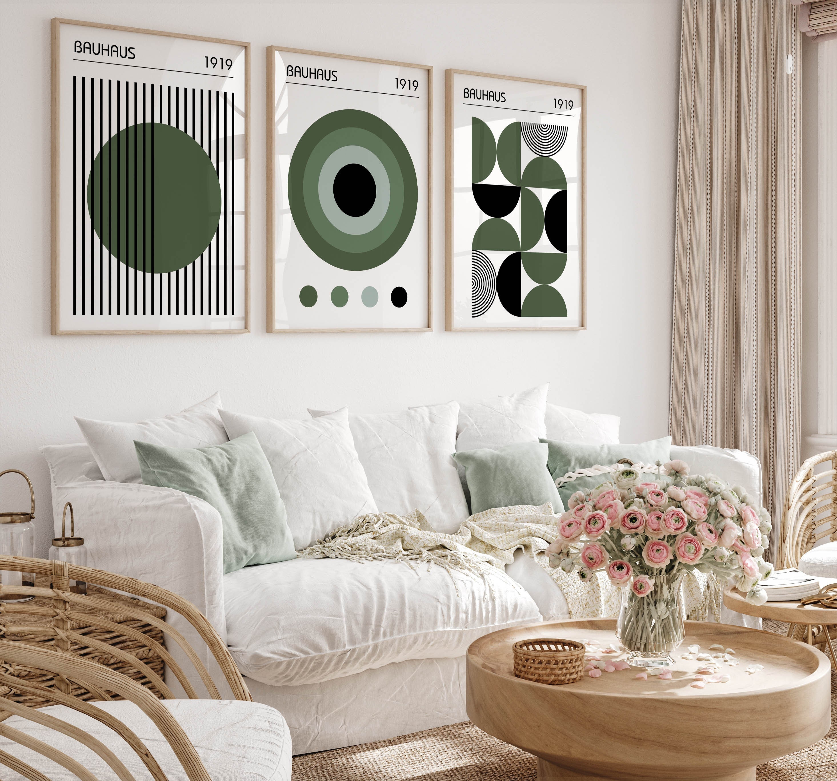 Set di poster Bauhaus, set di 3 stampe Mid-Century Modern in verde oliva, trittico Mid-Century, set di 3 opere d'arte da parete Bauhaus, arte per sogg