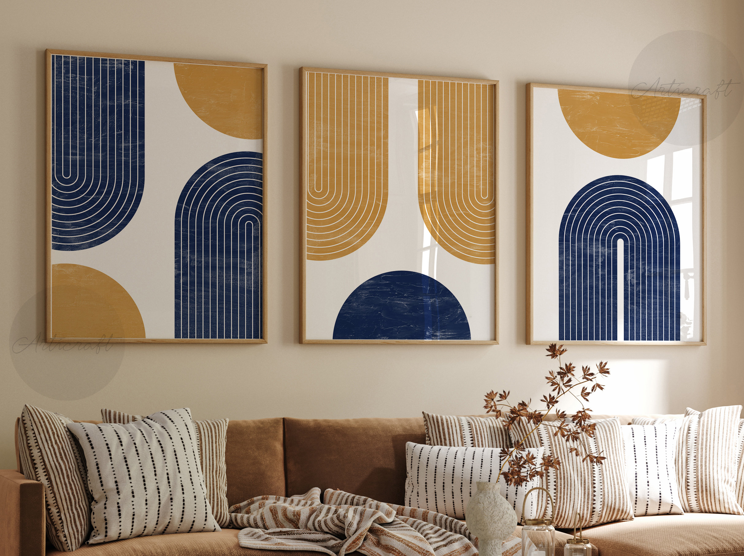 Set di 3 stampe geometriche, set di stampe moderne di metà secolo, stampe boho, stampe astratte, stampe arcobaleno, stampe giallo senape e blu navy.