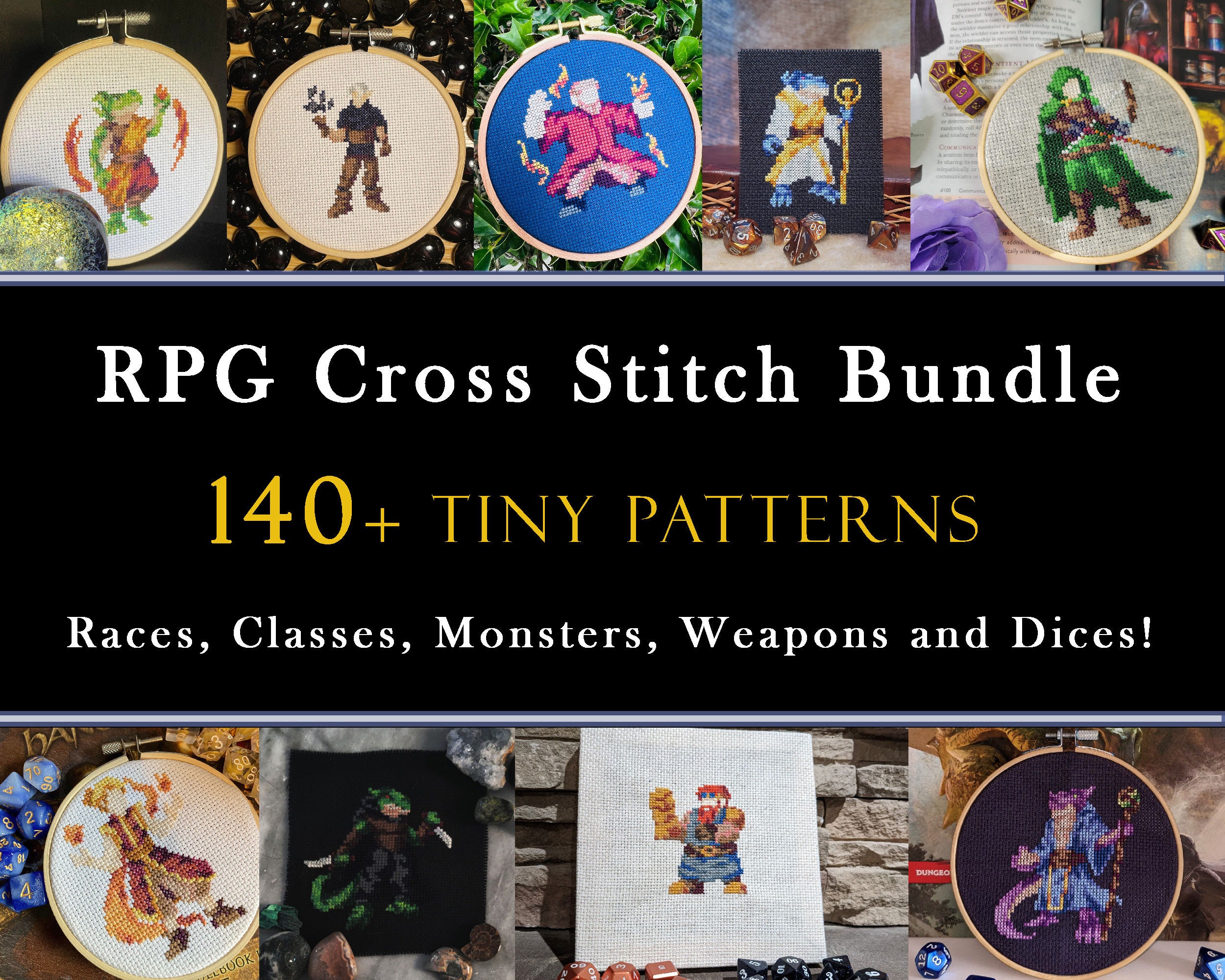 140 Plus Tiny RPG Cross Stitch Pattern Set, Mini Cross Stitch Races, Small Easy Game Stitch Pattern, DND Dices Cross Stitch