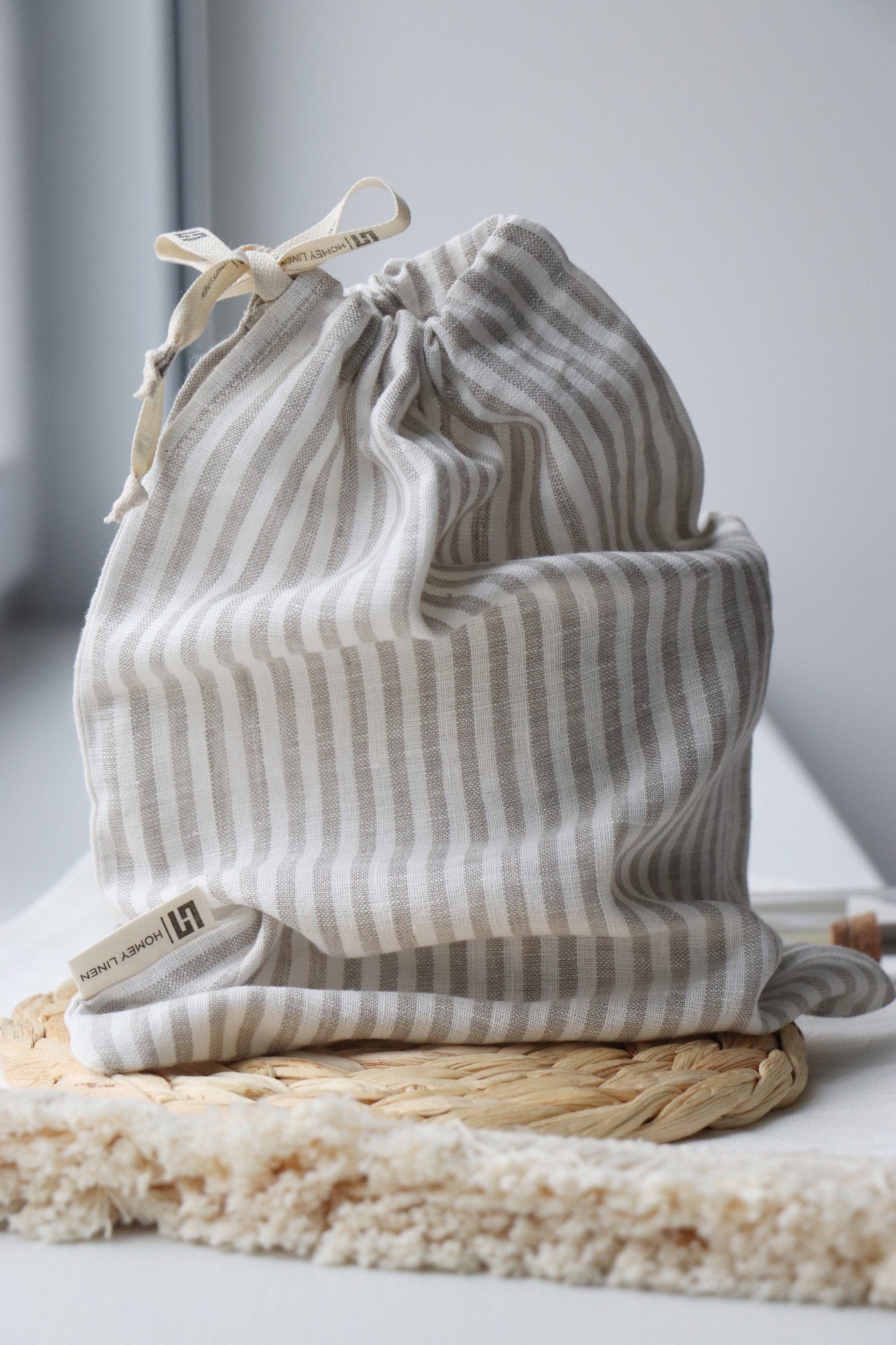Sacchetto per il pane in lino - Sacchetto per il pane in lino a righe - Contenitore riutilizzabile per la cucina a zero rifiuti - Biancheria da cucina