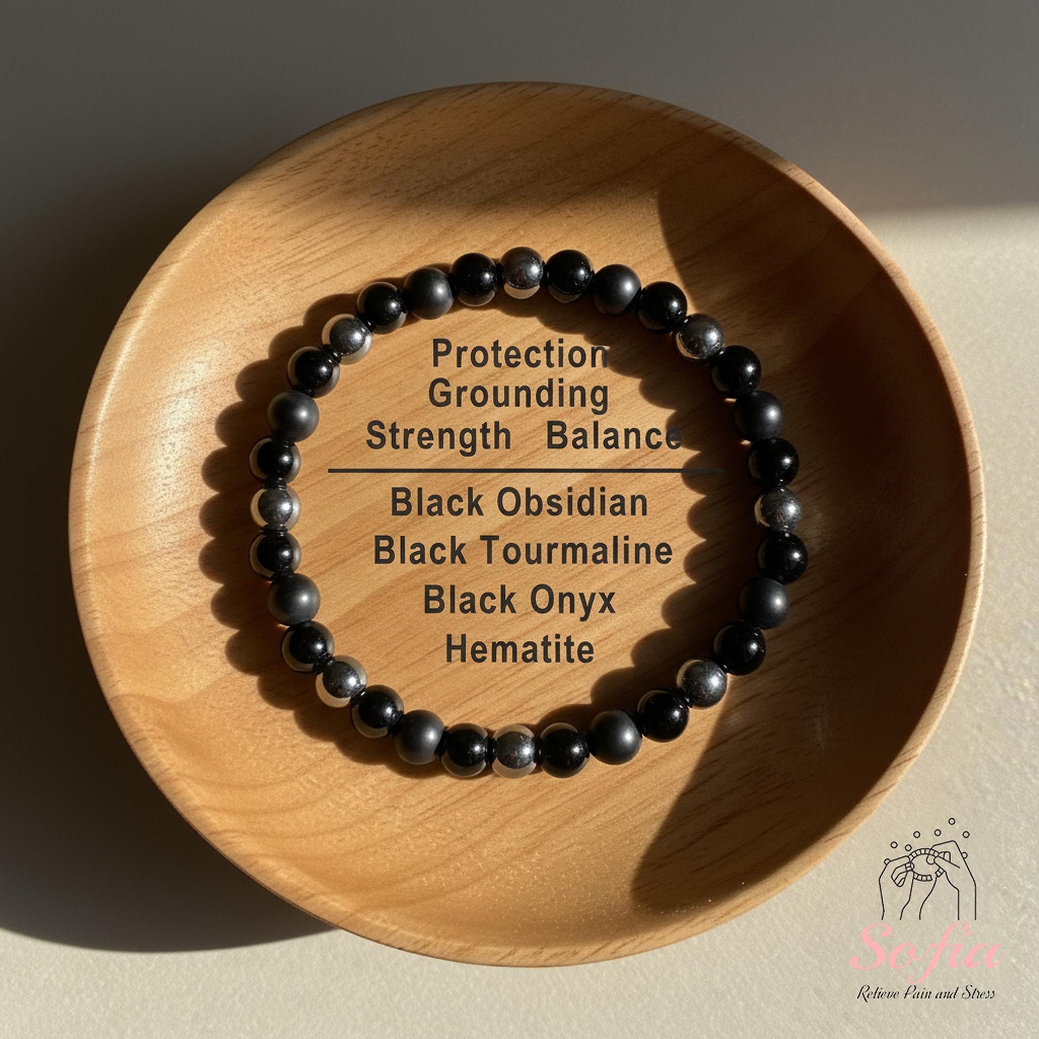 Bracciale di protezione - Bracciale in pietra di ematite, ossidiana, onice e tormalina nera da 6 mm - Bracciale in cristallo curativo, regalo di Natal