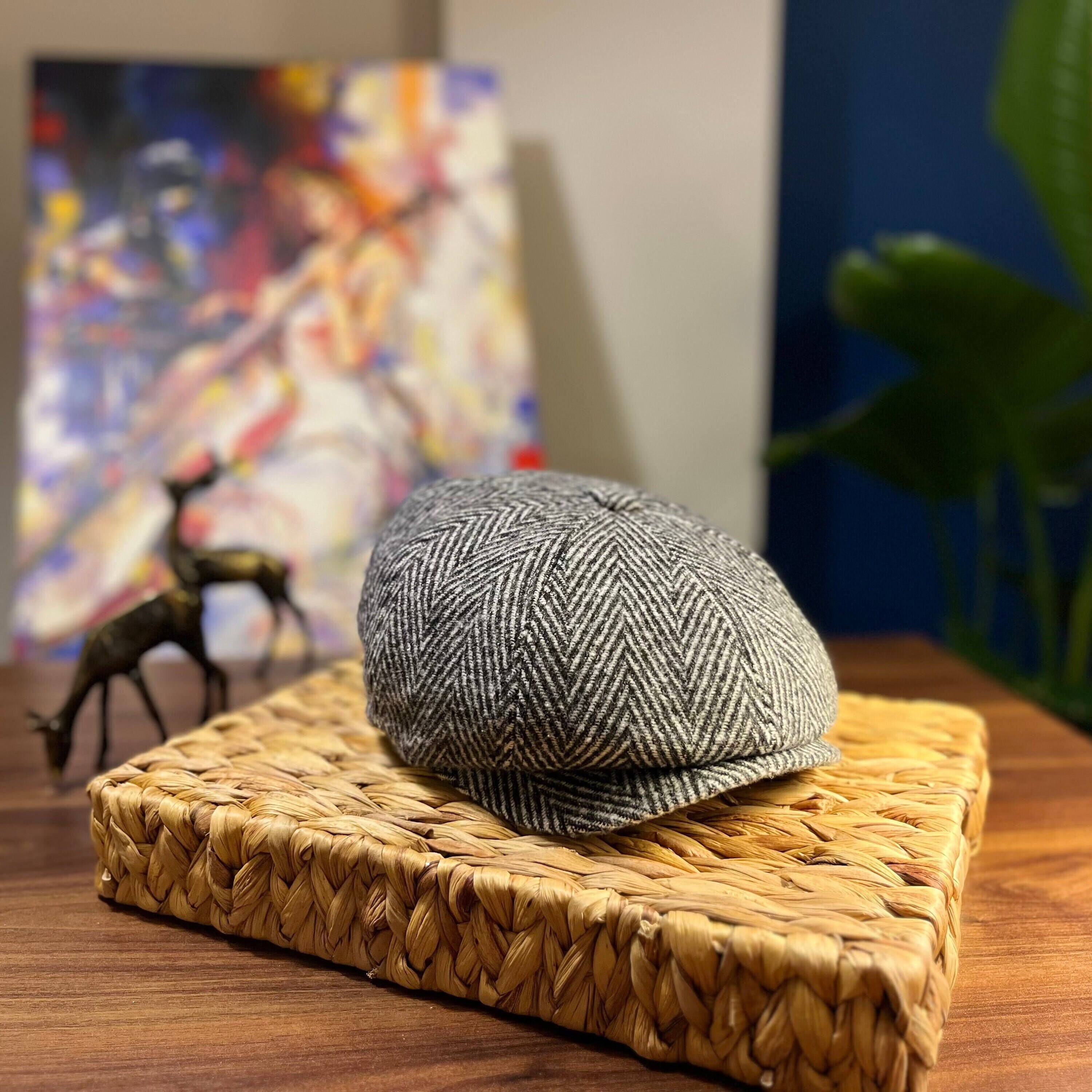 Berretto da strillone grigio a spina di pesce per uomo, cappello Peaky Blinders, berretto piatto da fornaio in lana, berretto irlandese Gatsby a 8 pan