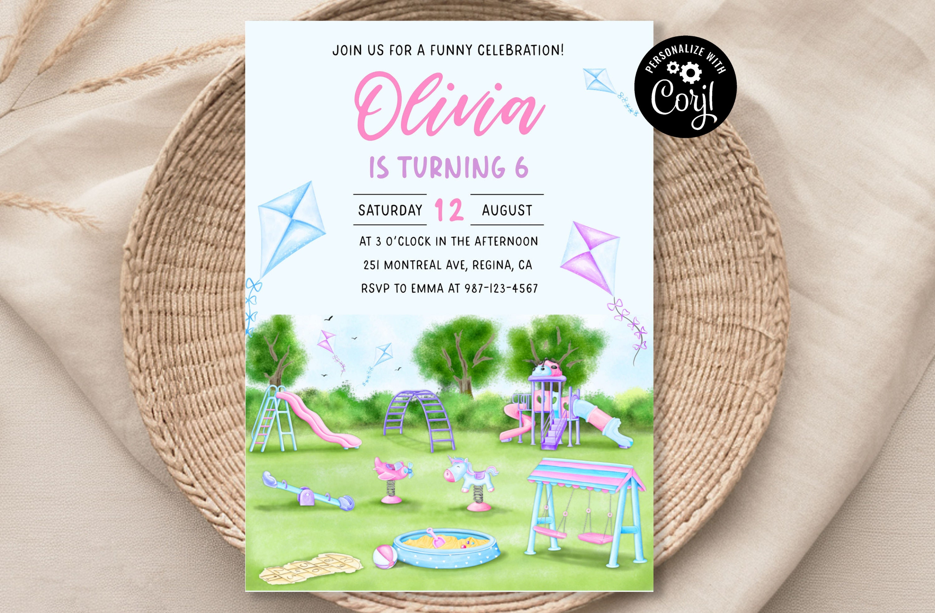 Modello di invito per compleanno al parco giochi MODIFICABILE, invito per festa al parco per bambini, invito per compleanno all'aperto, scivolo e alta