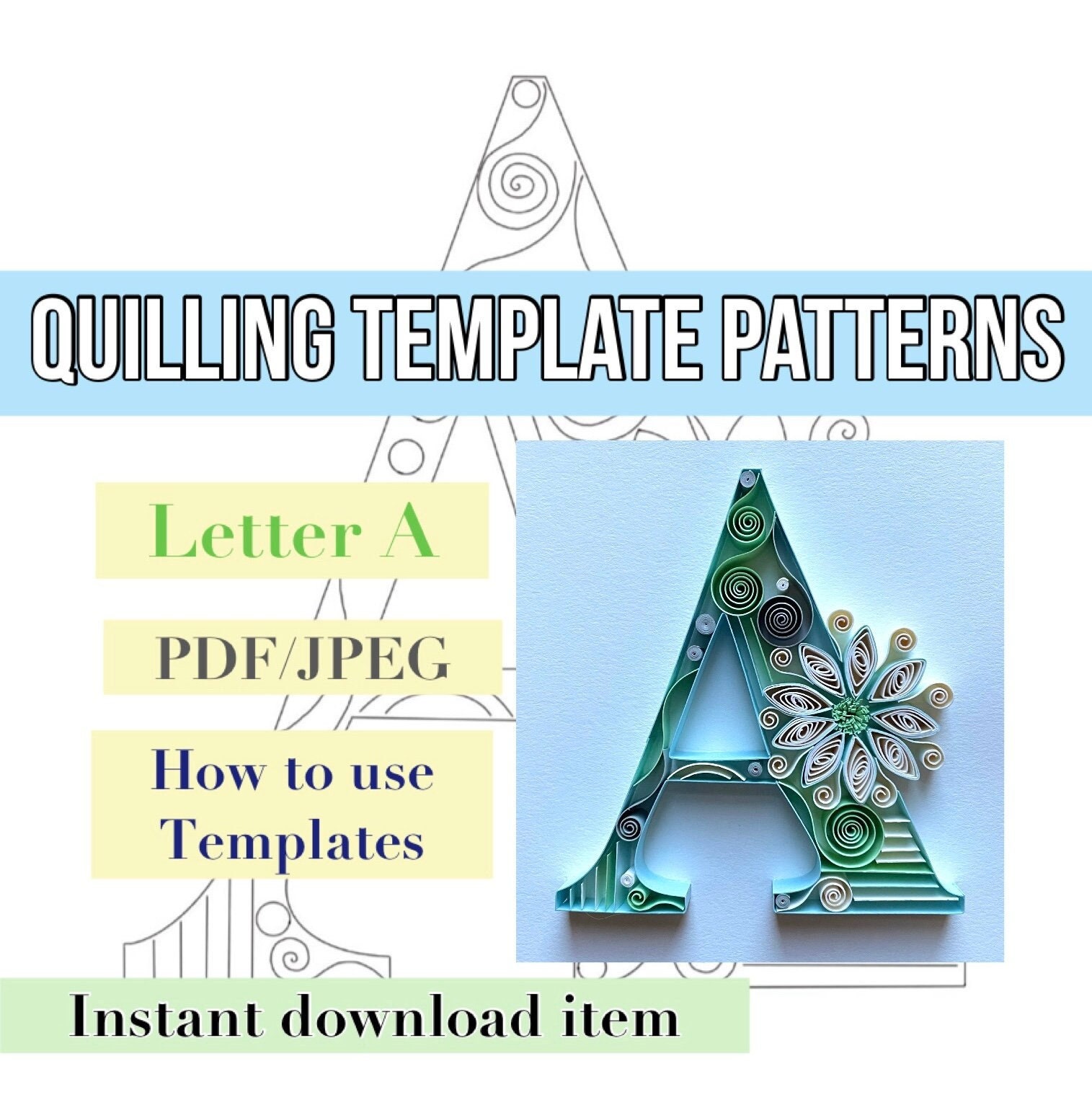 Modello quilling, lettera quilling, modelli quilling, modelli modello quilling, lettera quilling A, kit quilling, download istantaneo, iniziale