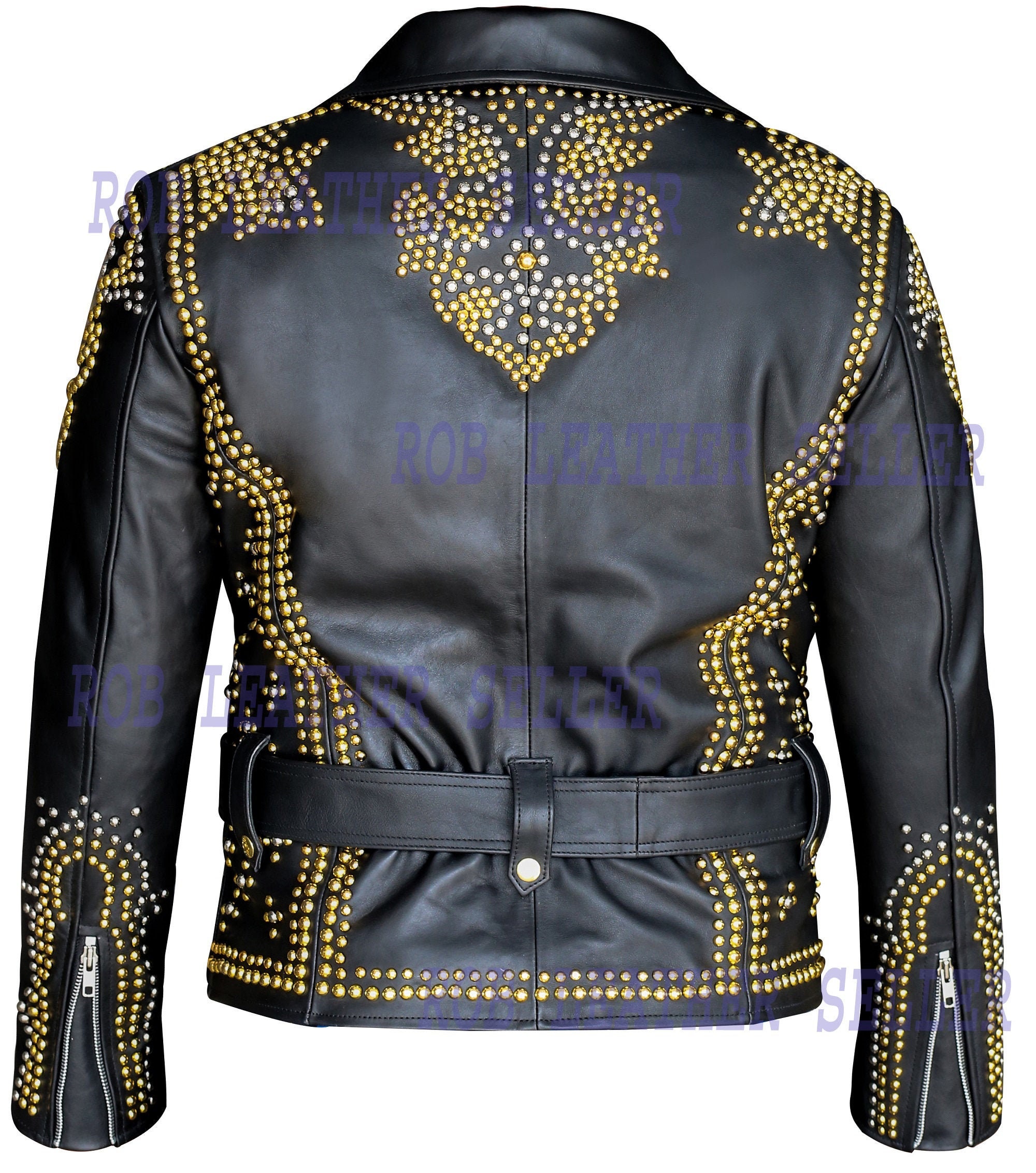 Giacca in pelle Brando nera dorata con cintura, giacca in pelle con borchie dorate, giacca in pelle da donna, giacca da motociclista da donna, design