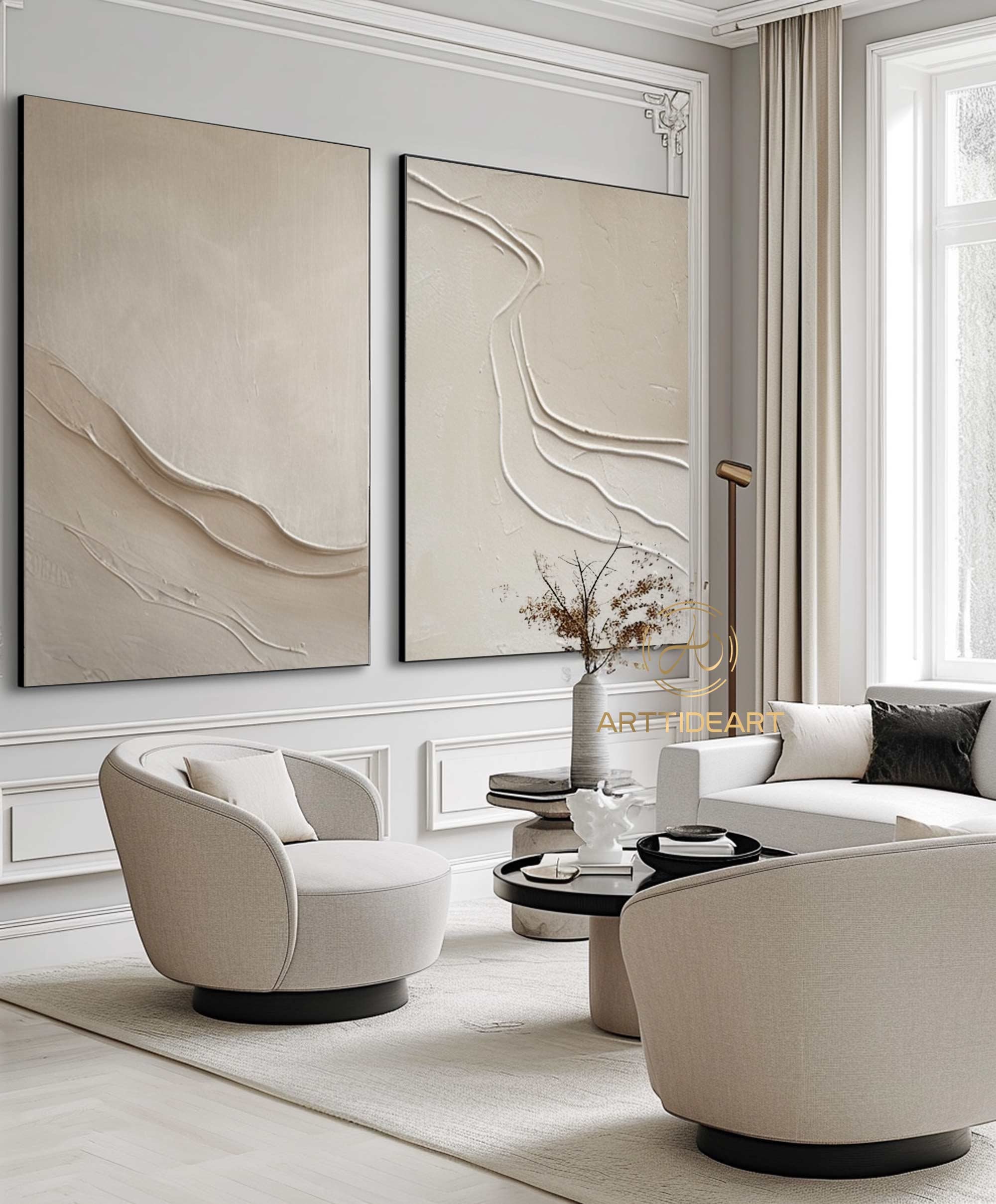 Set di 2 grandi quadri da parete beige bianco puro, 2 pezzi di dipinti beige su tela, quadri da parete con texture 3D, quadri su tela beige, 2 set di