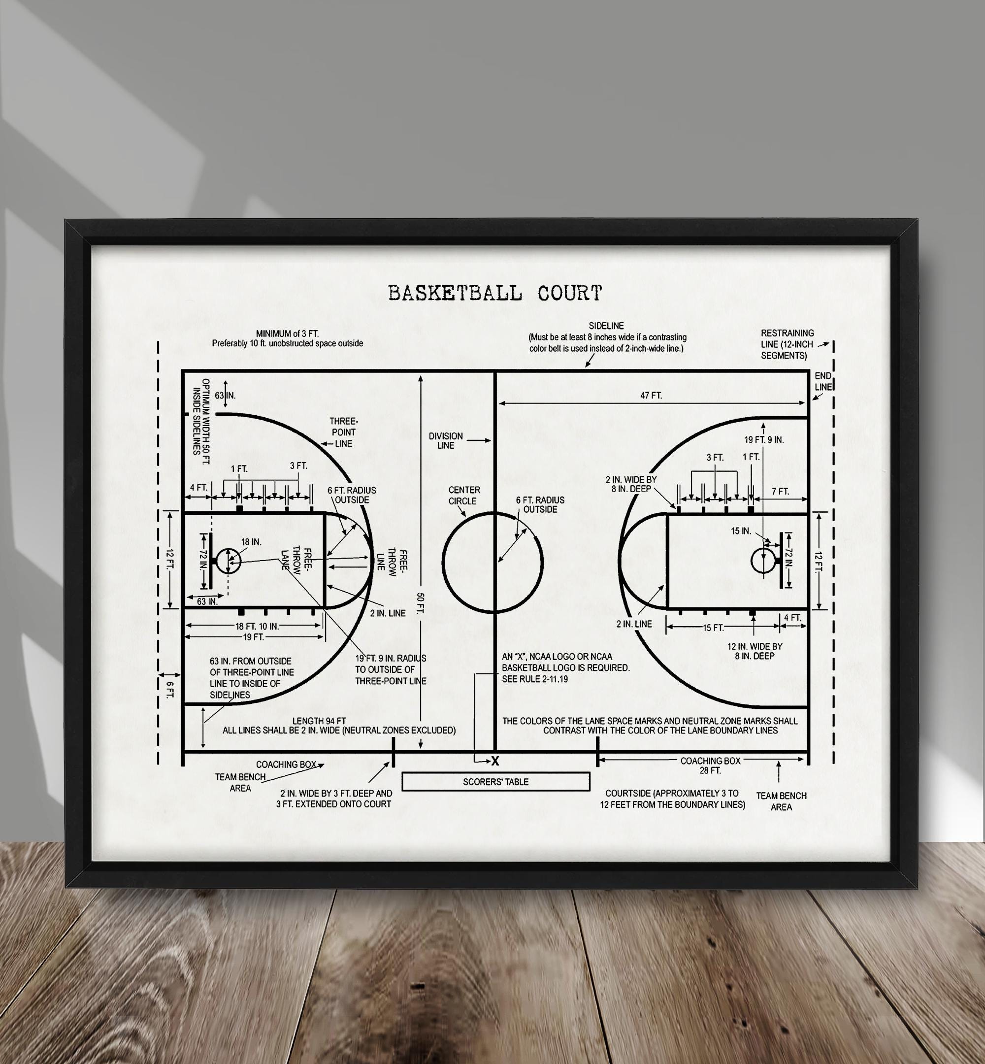Stampa orizzontale campo da basket, poster campo da basket, stampa murale campo sportivo, poster disegno campo da basket, decorazione murale basket