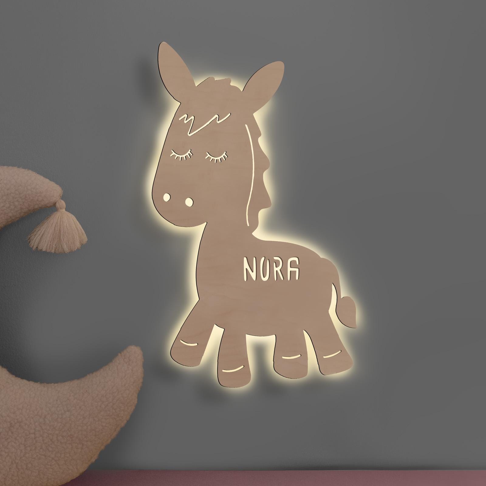 Lampada da parete in legno personalizzata, luce LED, luce per dormire, luce notturna per neonati/bambini, lampada per bambini a forma di asinello, cam
