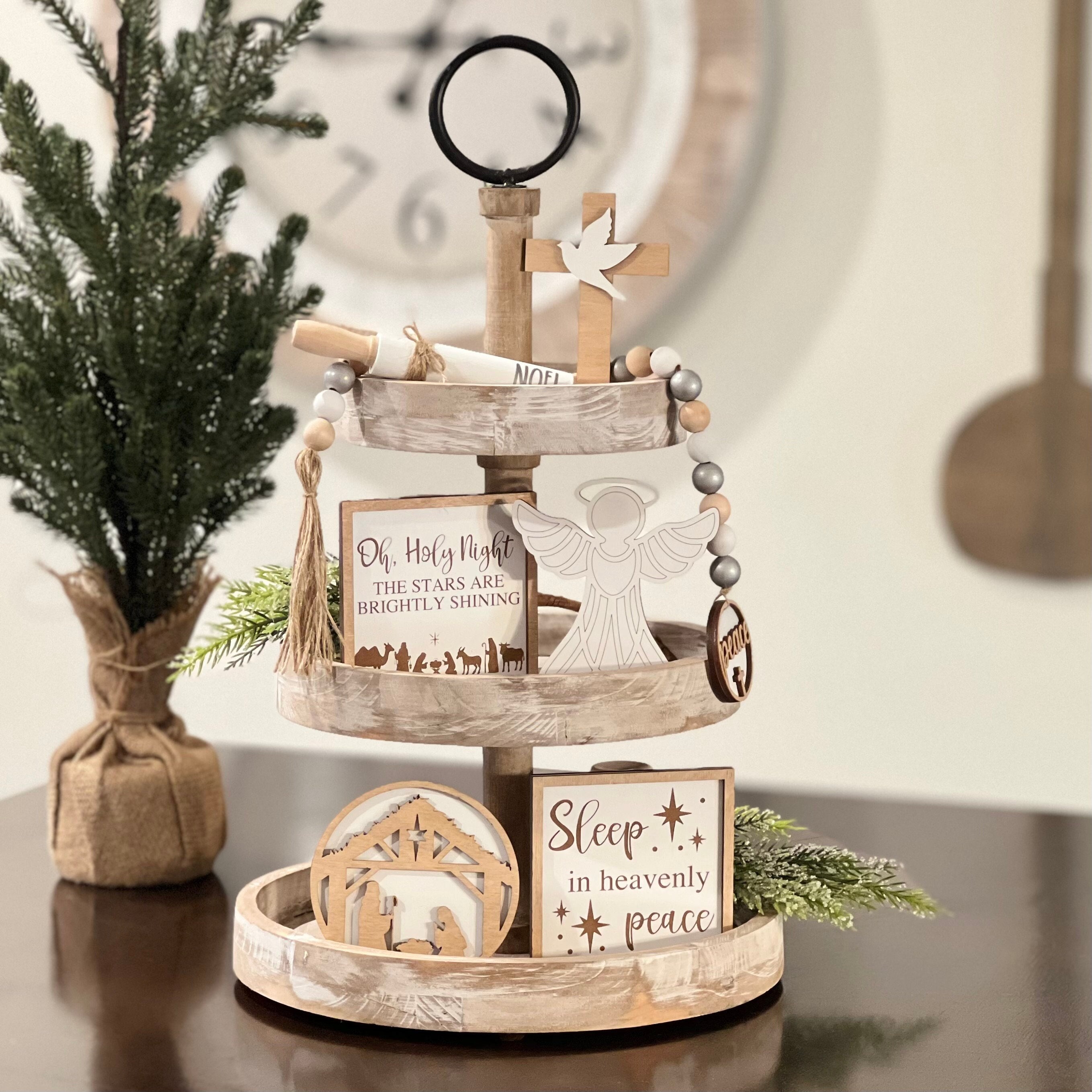 PACCHETTO // Decorazioni natalizie a vassoio a più livelli con tema Natività // Decorazioni religiose a vassoio a più livelli // Set di decorazioni a