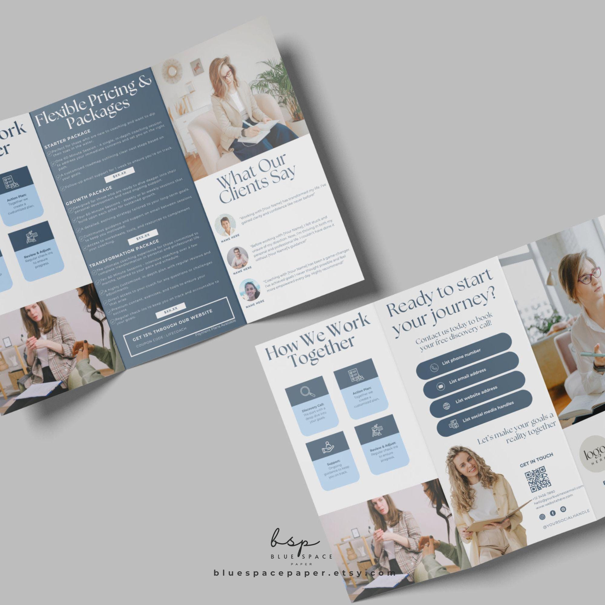 Brochure di coaching, modello di brochure per life coach Canva, modello di volantino fai da te, modello di opuscolo a tre ante Canva, modello di broch