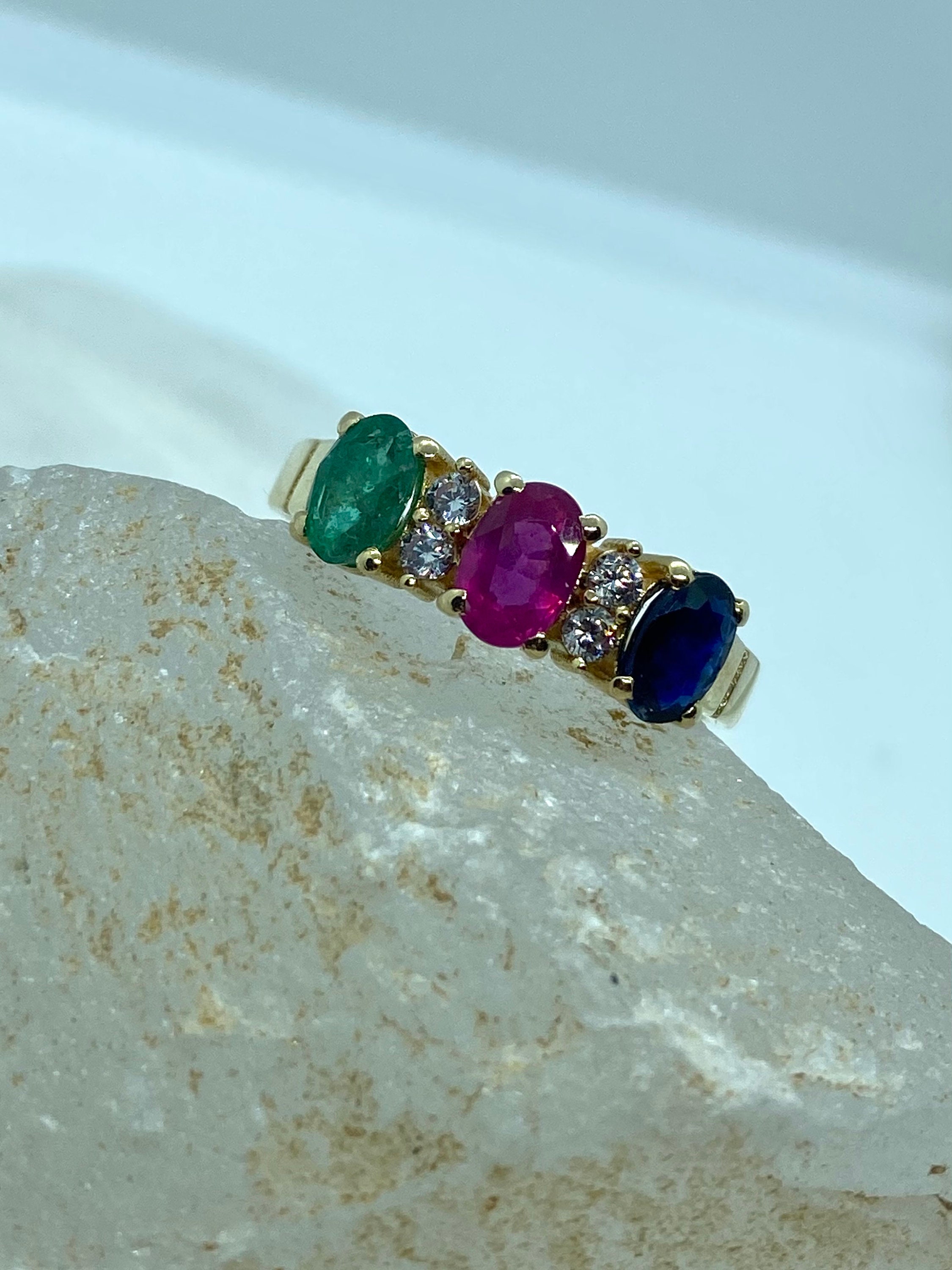 Anello multicolore - Gemma ad anello - Smeraldo - Rubino - Zaffiro - Zircon - Pietra preziosa multicolore - 3 anello di pietra - Anello ovale - Anello