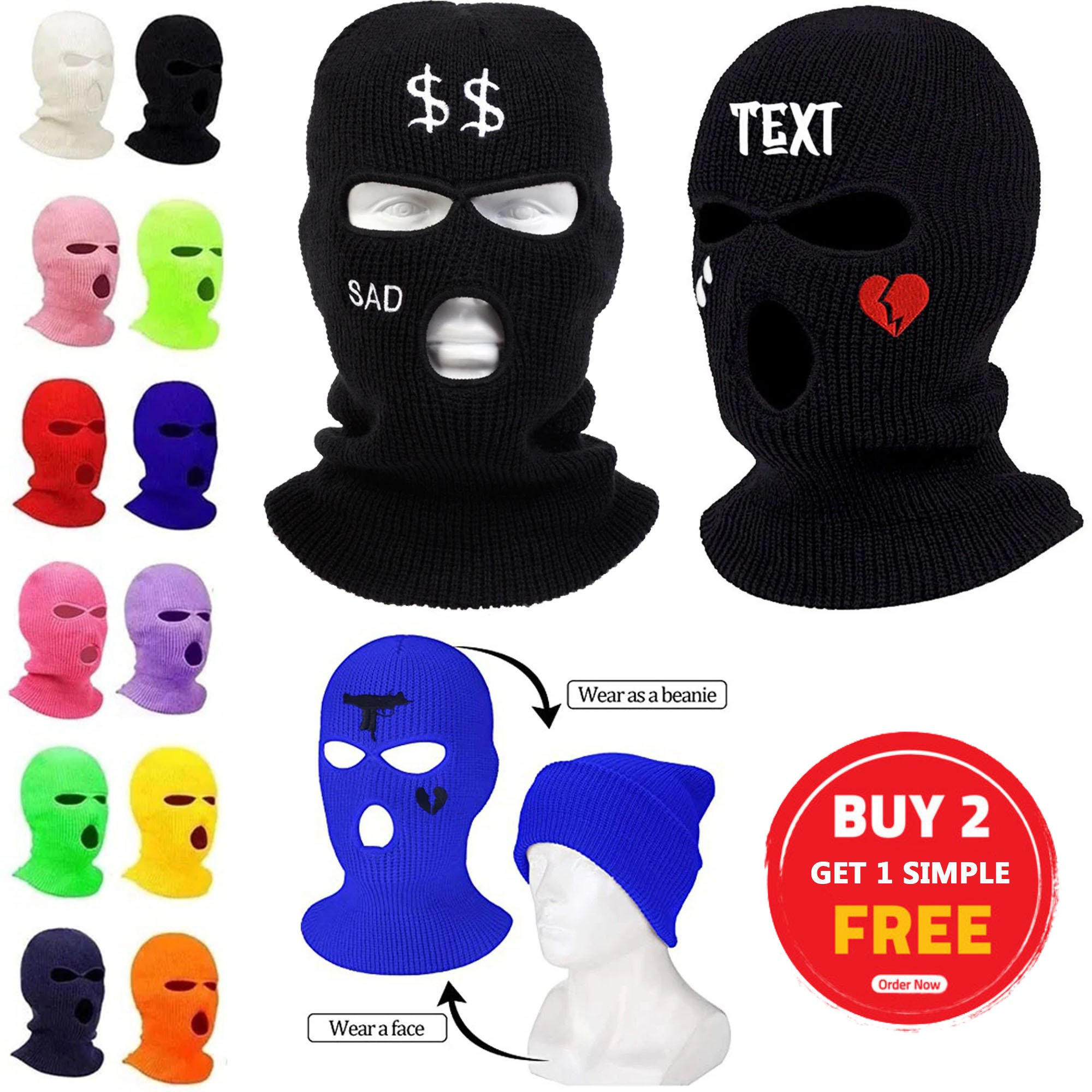 Passamontagna/maschera da sci personalizzata - Vari colori - Maschera da sci ricamata a 3 fori - Passamontagna lavorato a maglia - Maschera da sci per