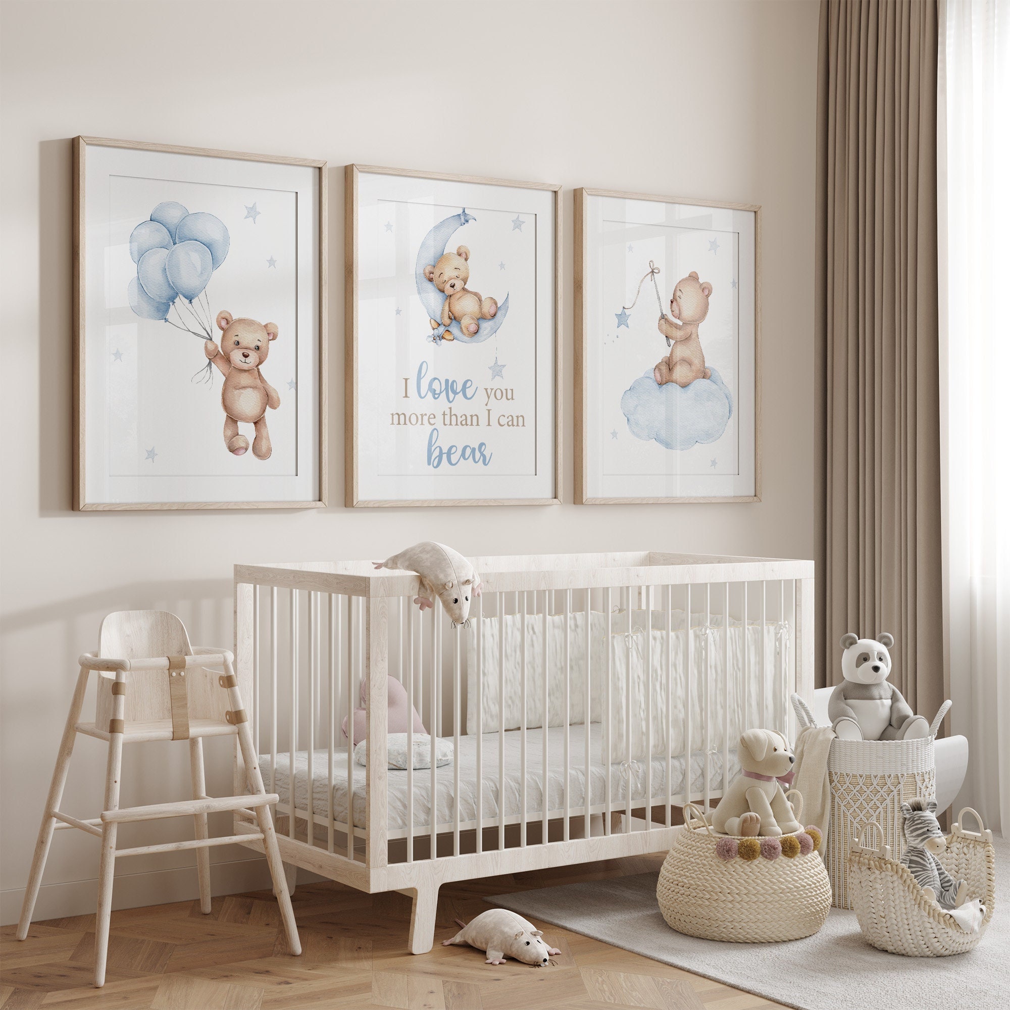 Stampe per cameretta con orsetto di peluche, decorazioni per cameretta con palloncini, set di 3 stampe per orsetto di peluche, decorazioni blu per cam