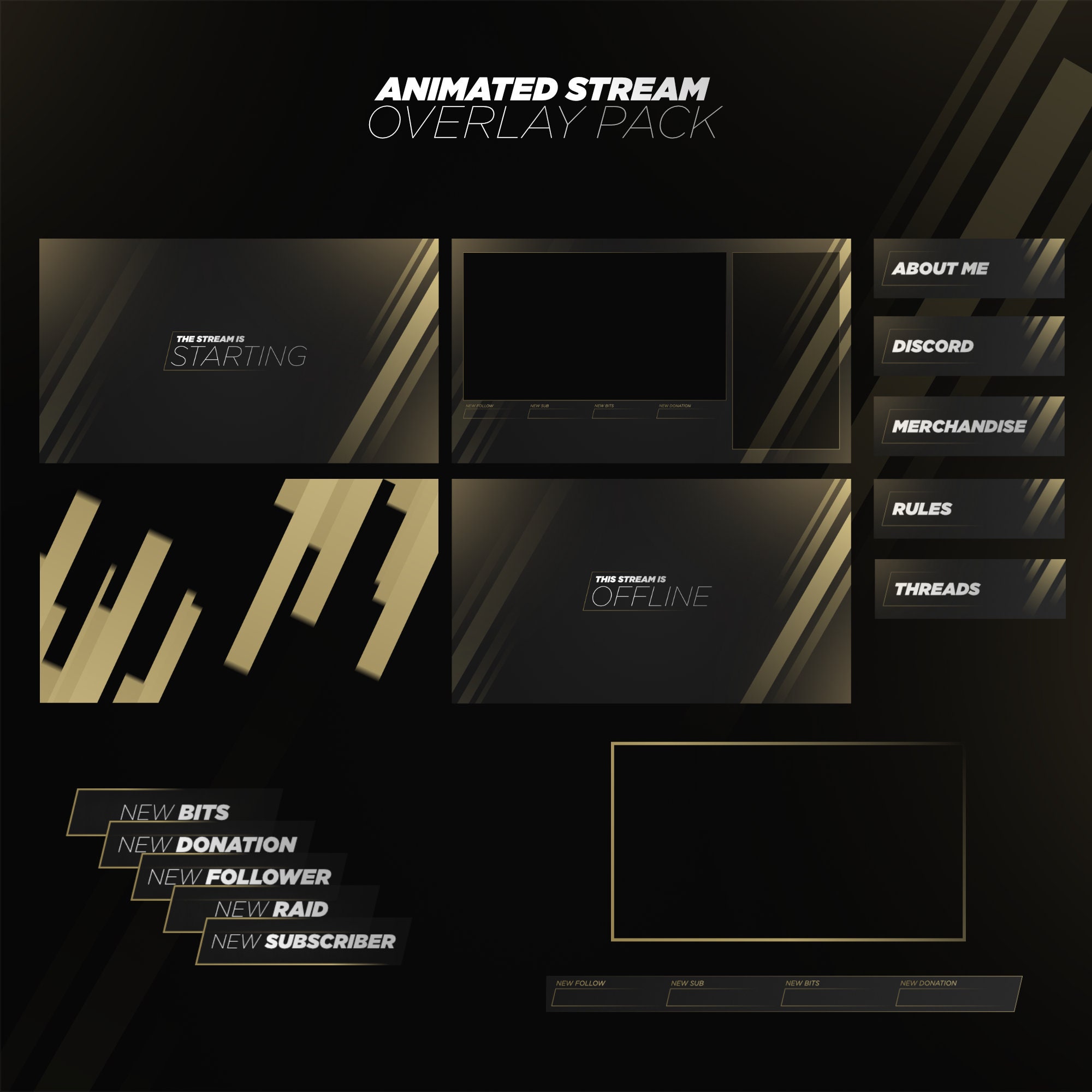 Pacchetto di sovrapposizioni di streaming animate in oro e nero | 5 sovrapposizioni, cornice webcam, 23 pannelli, avvisi | OBS Studio, Streamlabs OBS,