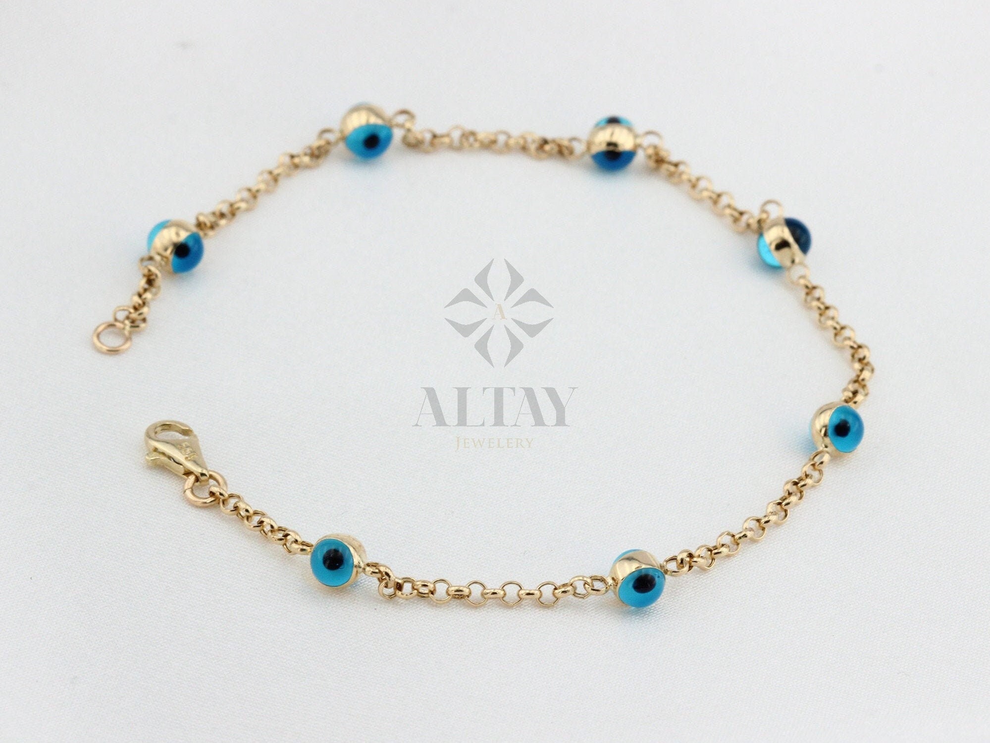 Bracciale con occhio di Allah in oro 14 carati, bracciale a catena in oro, bracciale con ciondolo occhio di Allah, gioielli Rolo in oro per tutti i gi