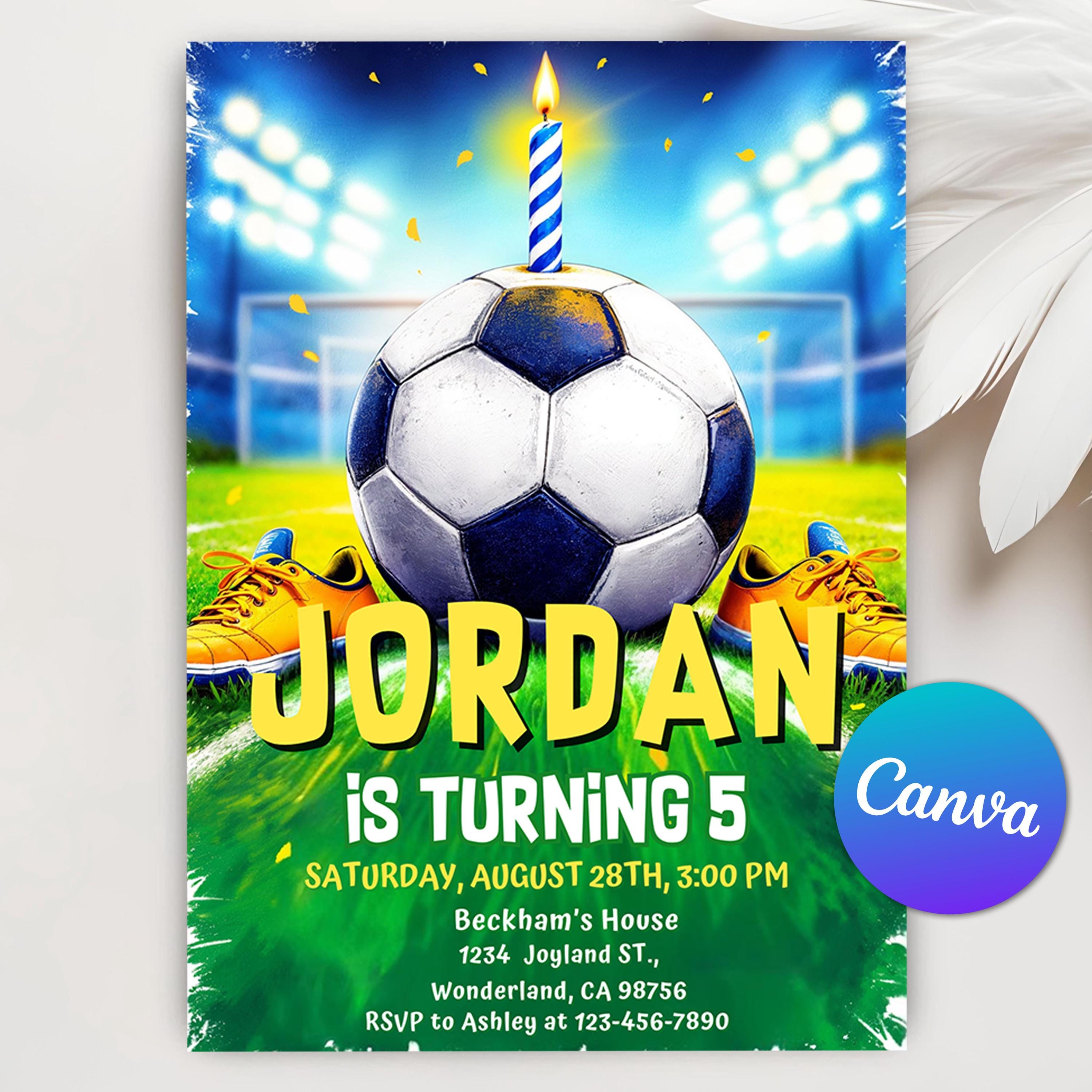 Invito di compleanno a tema calcio, invito a tema calcio, invito per festa a tema calcio, invito per auto da calcio per compleanno, modello Canva modi