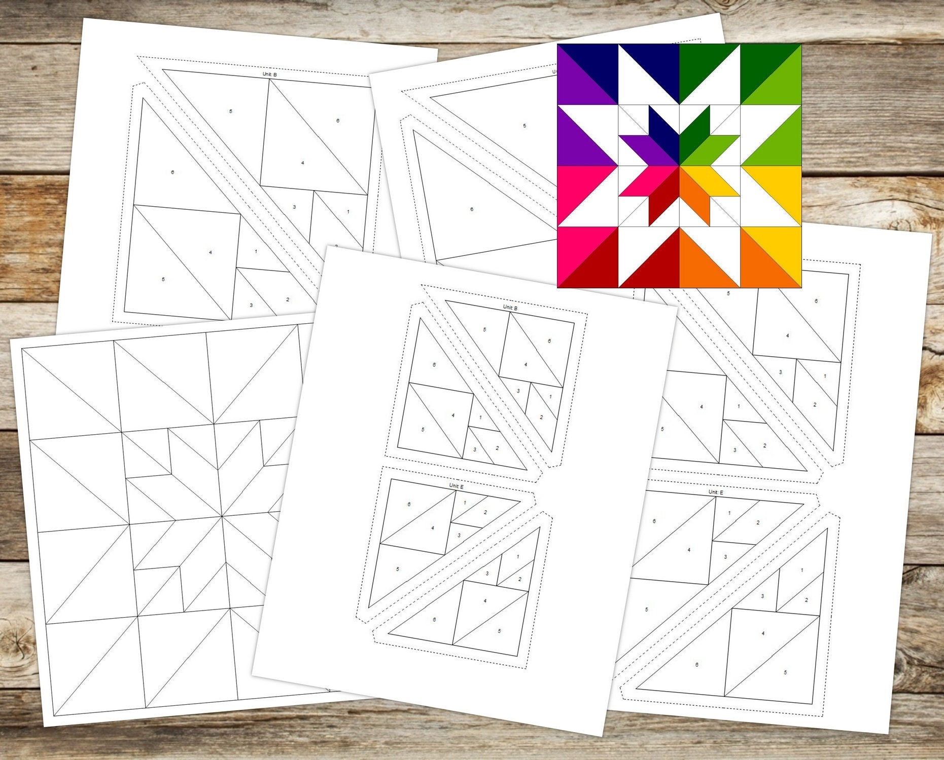 "Modelli per Foundation Paper Piecing (FPP)/Modello per blocco trapuntato a doppia stella/4 dimensioni di blocco finito: 6, 8, 10, 12\"/PDF digitale/Dow"
