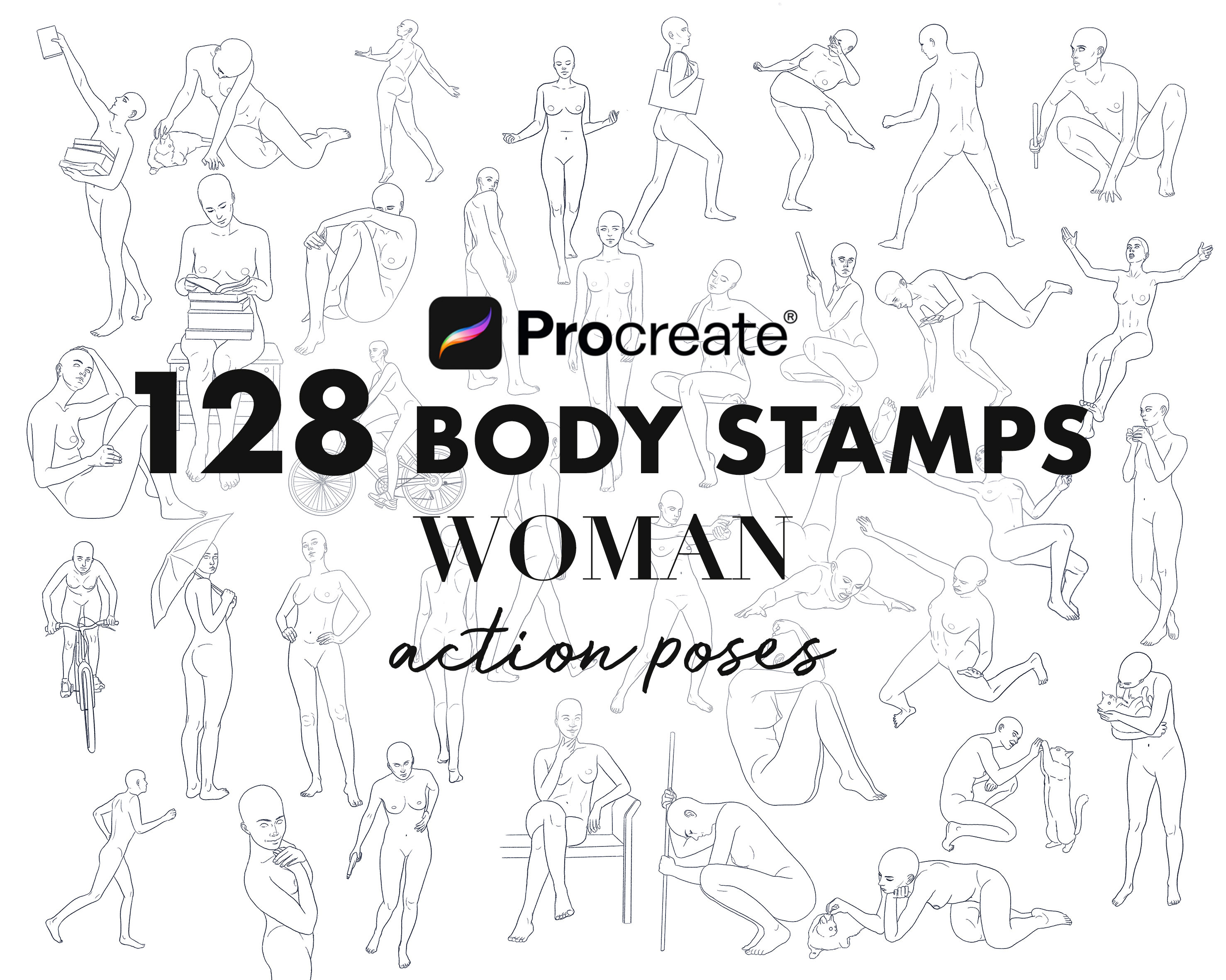 128 Female Pose Stamps for Procreate - Body Reference Brush Set for Artists, Dynamic Anatomy Poses, Figure Drawing Toolkit