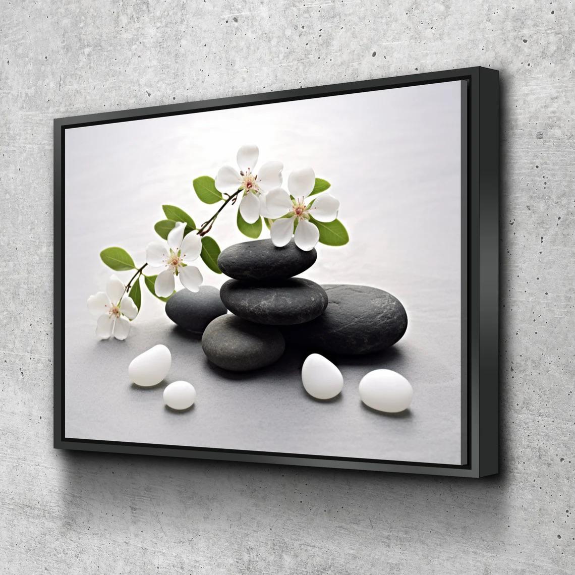 Pietre Zen floreali bianche, decorazione da parete per bagno / decorazioni da parete per bagno / stampe su tela per bagno / stampe su tela da parete,