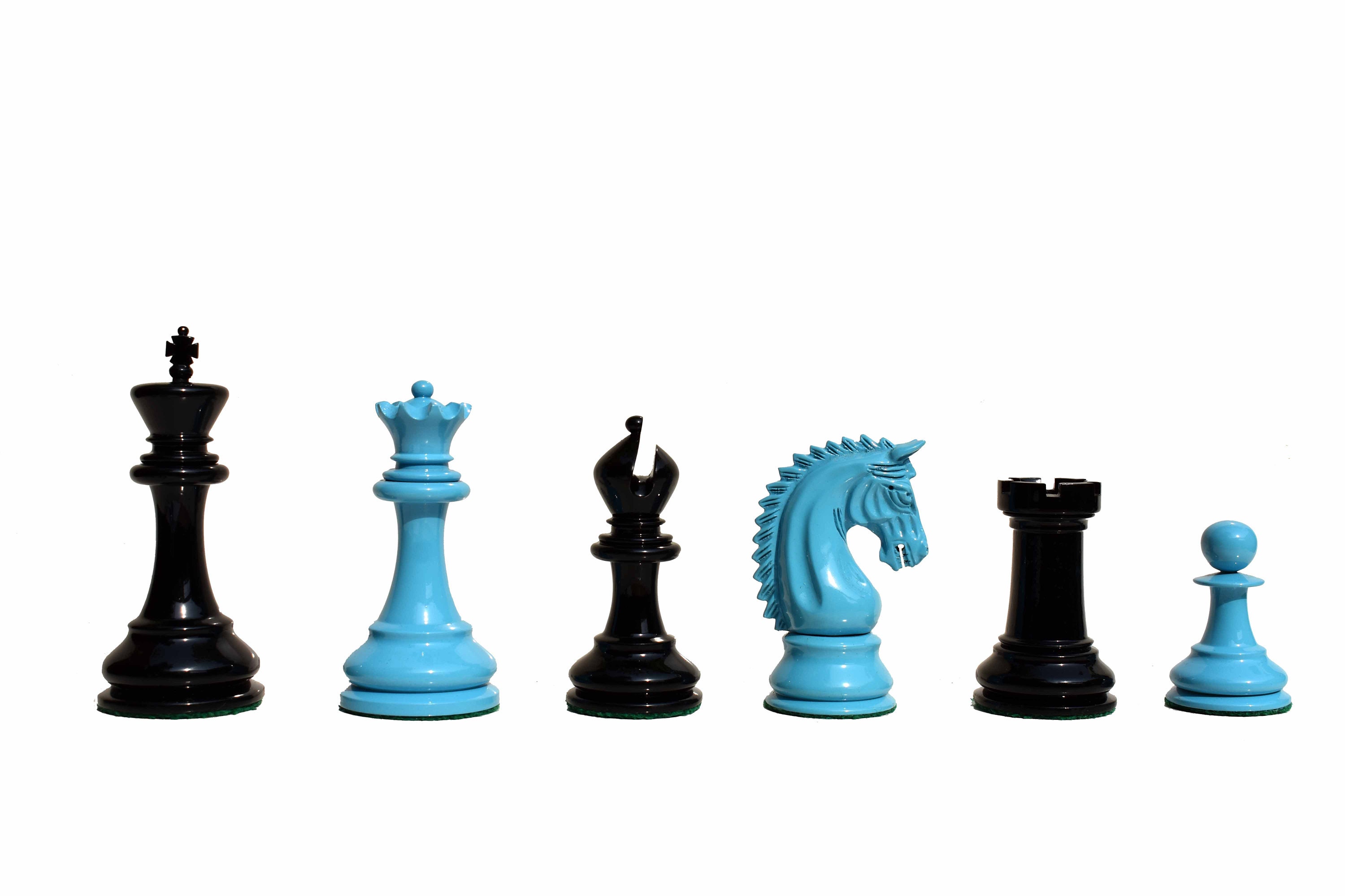 "Pezzi degli scacchi di lusso della serie Sovereign Pezzi degli scacchi King Staunton laccati blu turchese e nero da 4,25\" - The Chess Empire"