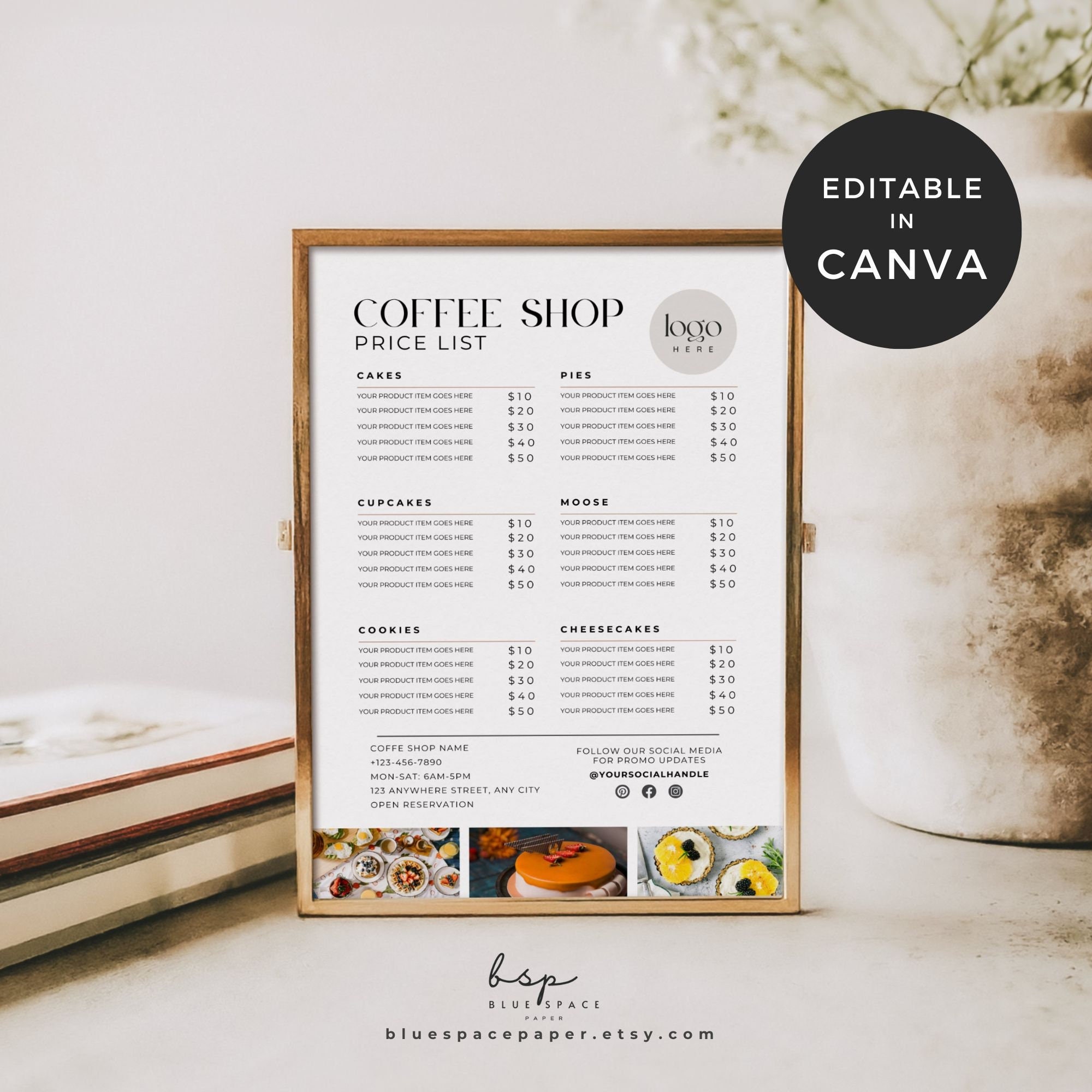 Listino prezzi per bar, modello di menu per bar, cartello con menu per caffè, listino prezzi per panetteria Canva, cartello con prezzi per attività di
