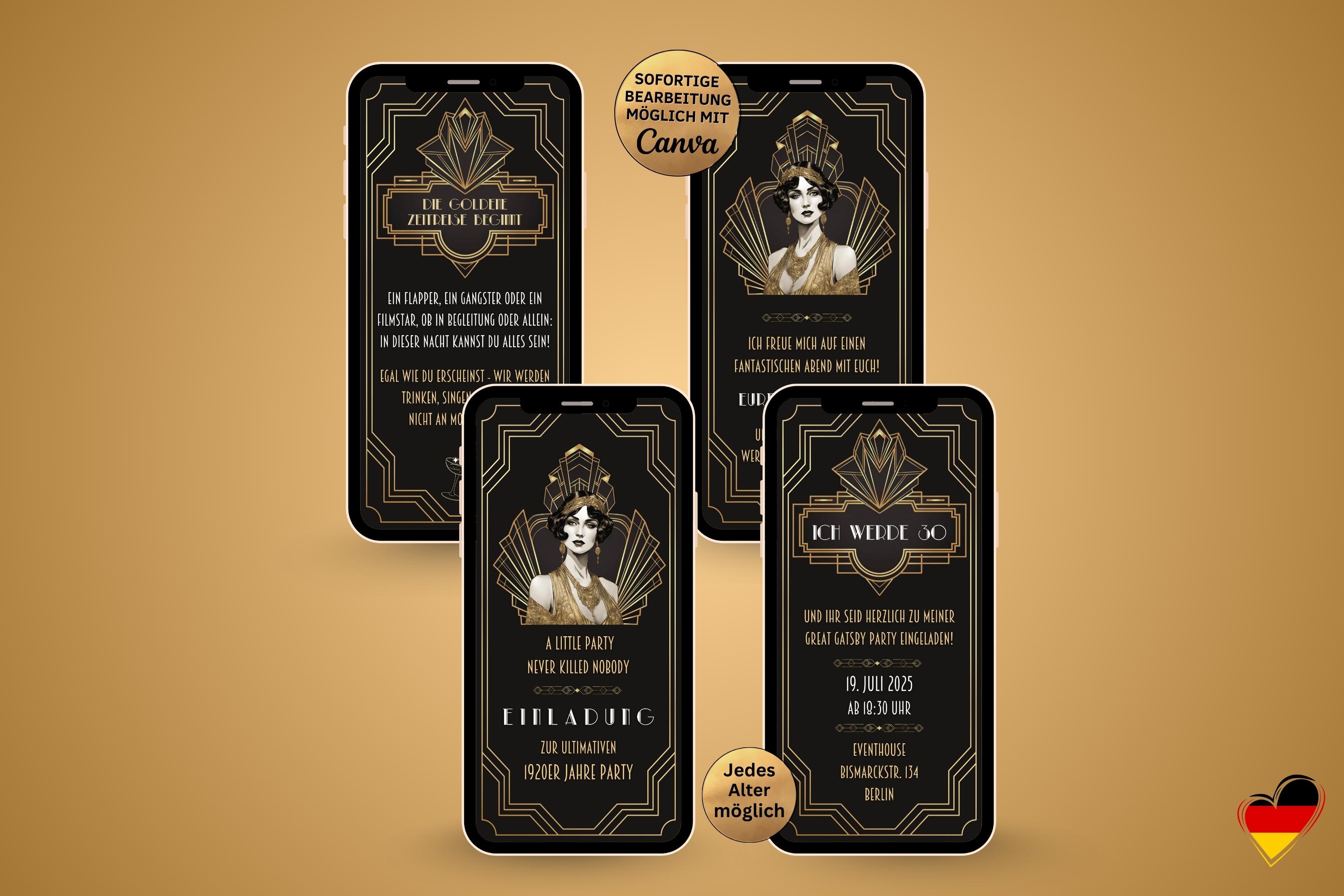 Invito eCard per una festa anni '20 | Modello Canva: biglietto d'invito anni '20 Il grande Gatsby per WhatsApp | Festa retrò anni '20 | Festa di compl