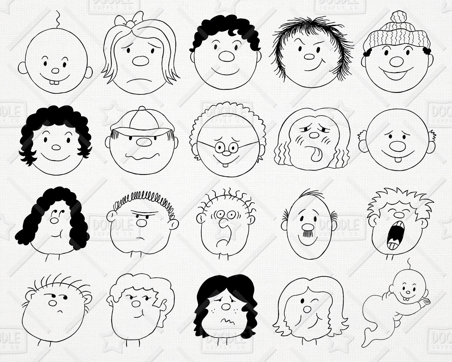 Doodle Cartoon Faces Clipart vettoriale Pack, persone Clipart, Clipart del fumetto, faccia Clipart, Clipart di bambini, viso Sticker, SVG, file PNG
