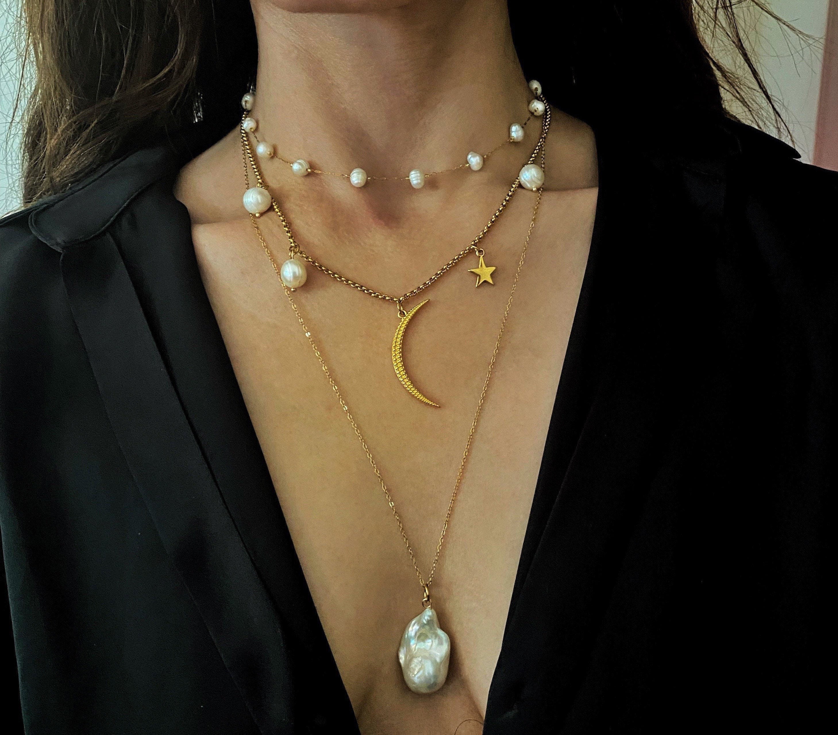collana con ciondolo di perle barocche, collana lunga di perle a forma di palla di fuoco, collana di perle, collana di perle grandi e irregolari, coll
