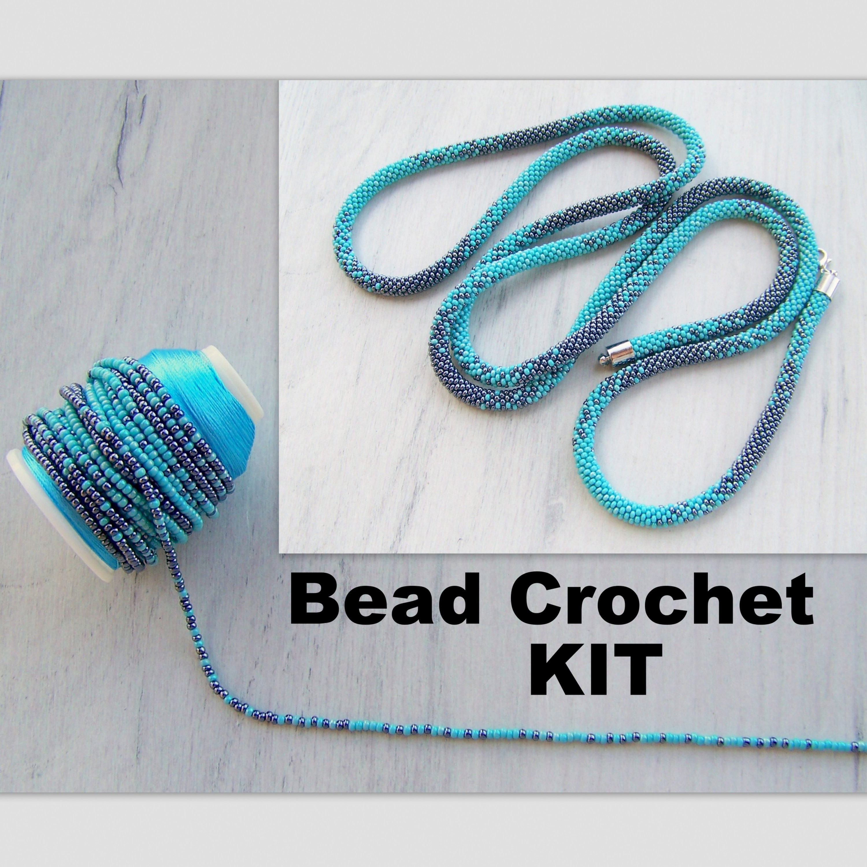 Kit all'uncinetto con perline in turchese ed ematite - Kit modello per realizzare collane all'uncinetto con perline - Kit collana in corda con perline