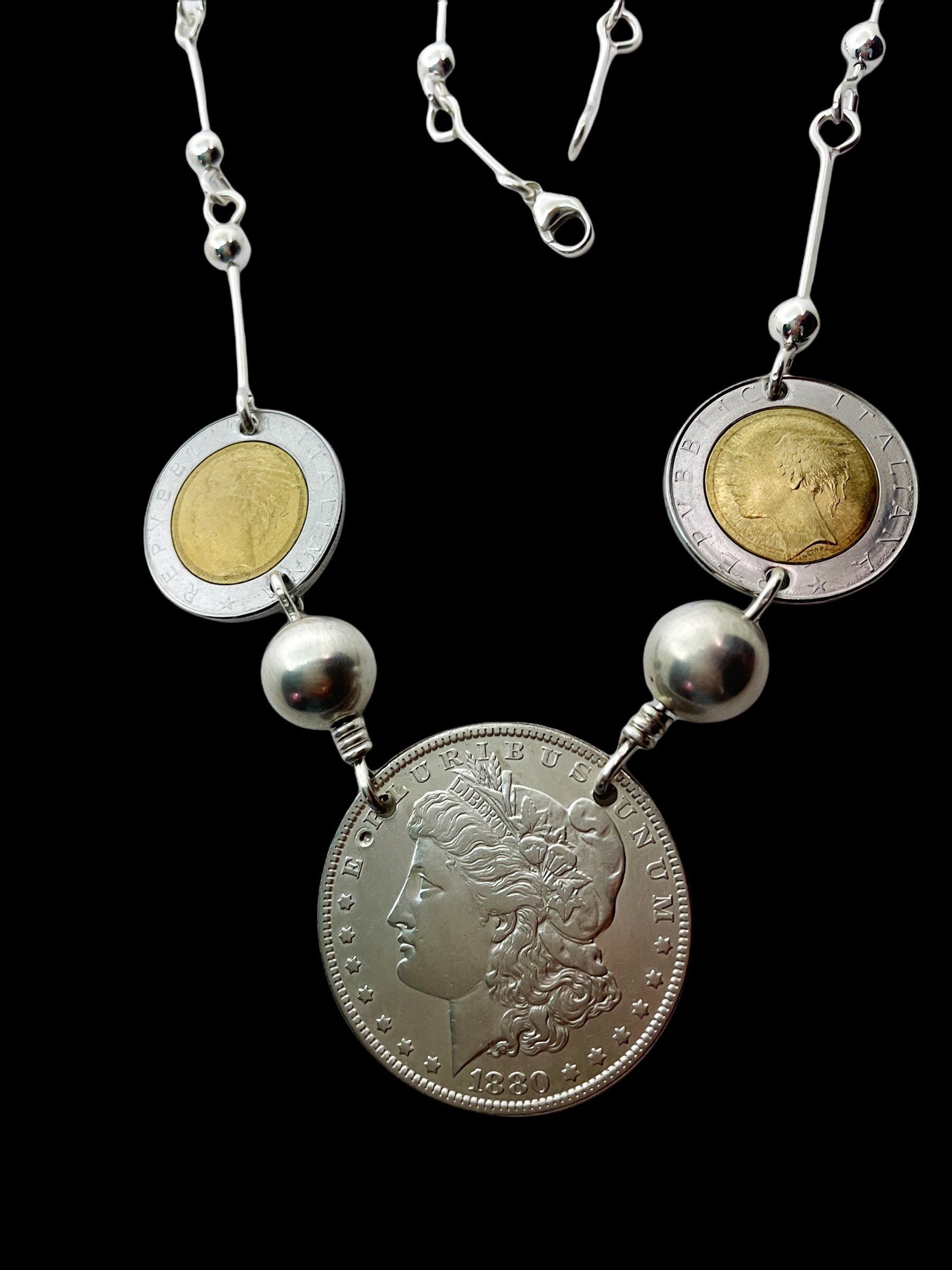 Collana con dollaro d'argento. Gioielli in lira italiana. Collana con monete fatta a mano. Collana in argento con monete. Dollaro d'argento Morgan per