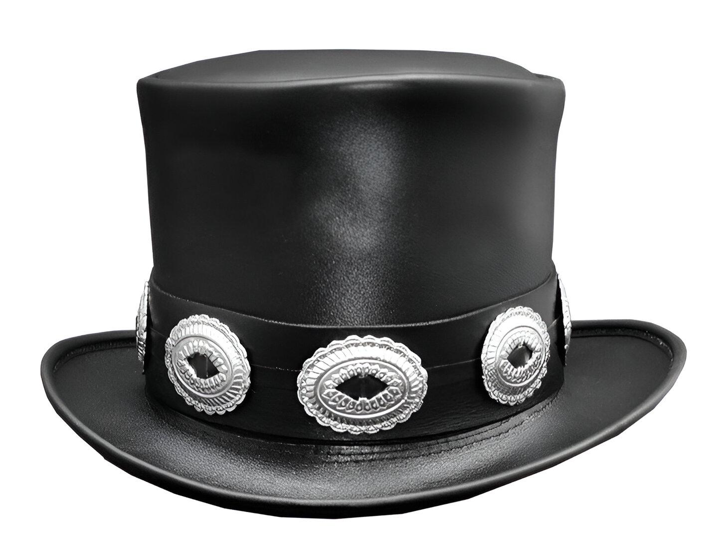 Cappello a cilindro in pelle nera Rocker, cappello in pelle fatto a mano, cappello gotico con fascia in stile Conchos / cappello a cilindro Steampunk,