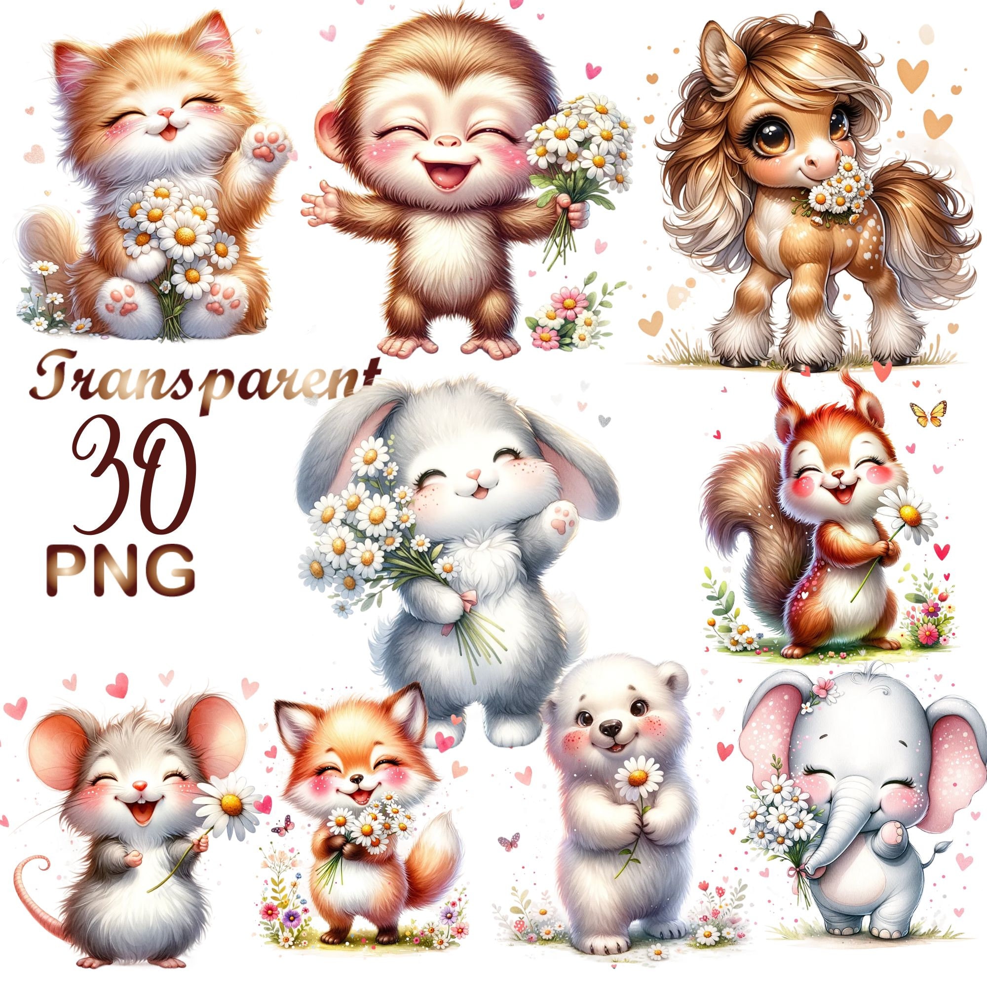 30 PNG, graziosi cuccioli di animali con clipart di fiori, clipart di elefanti, clipart di gattini, clipart di cavalli, clipart di pecore, clipart di