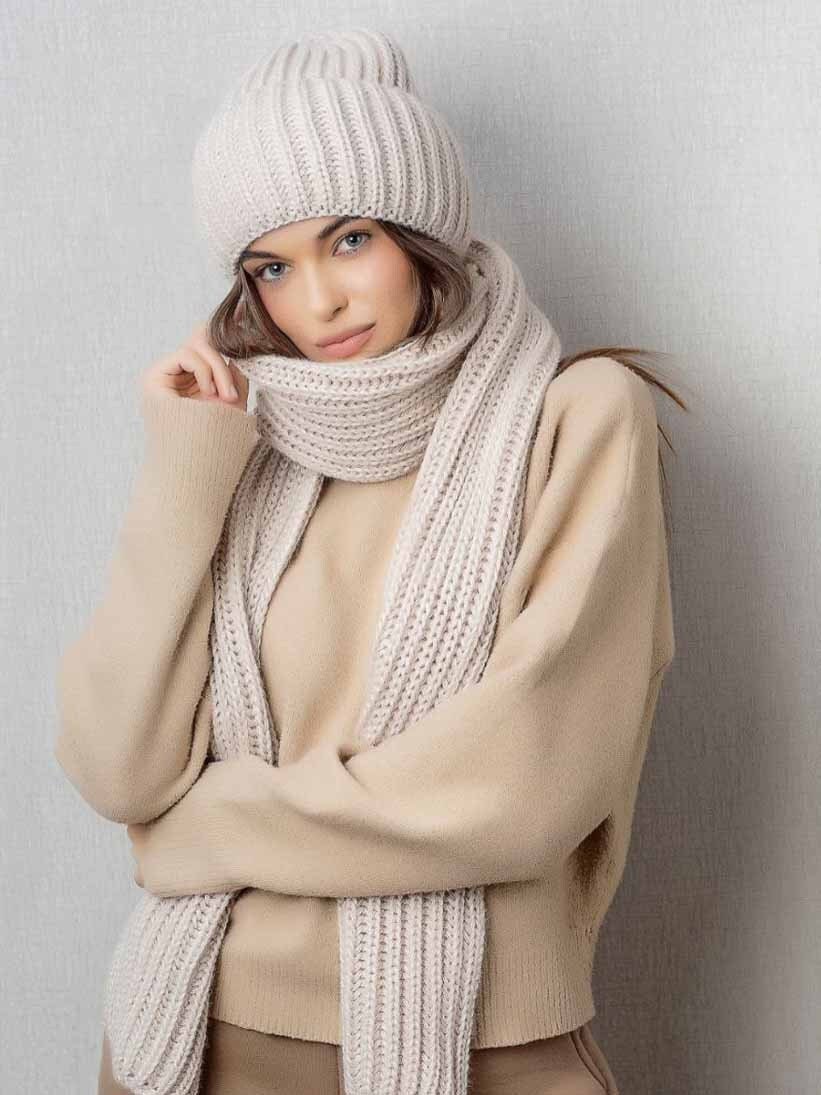 Set lavorato a maglia BEIGE CREMA Cappello e sciarpa CHUNKY Berretto e sciarpa in lana calda Set lavorato a maglia per donna Set caldo cappello e scia