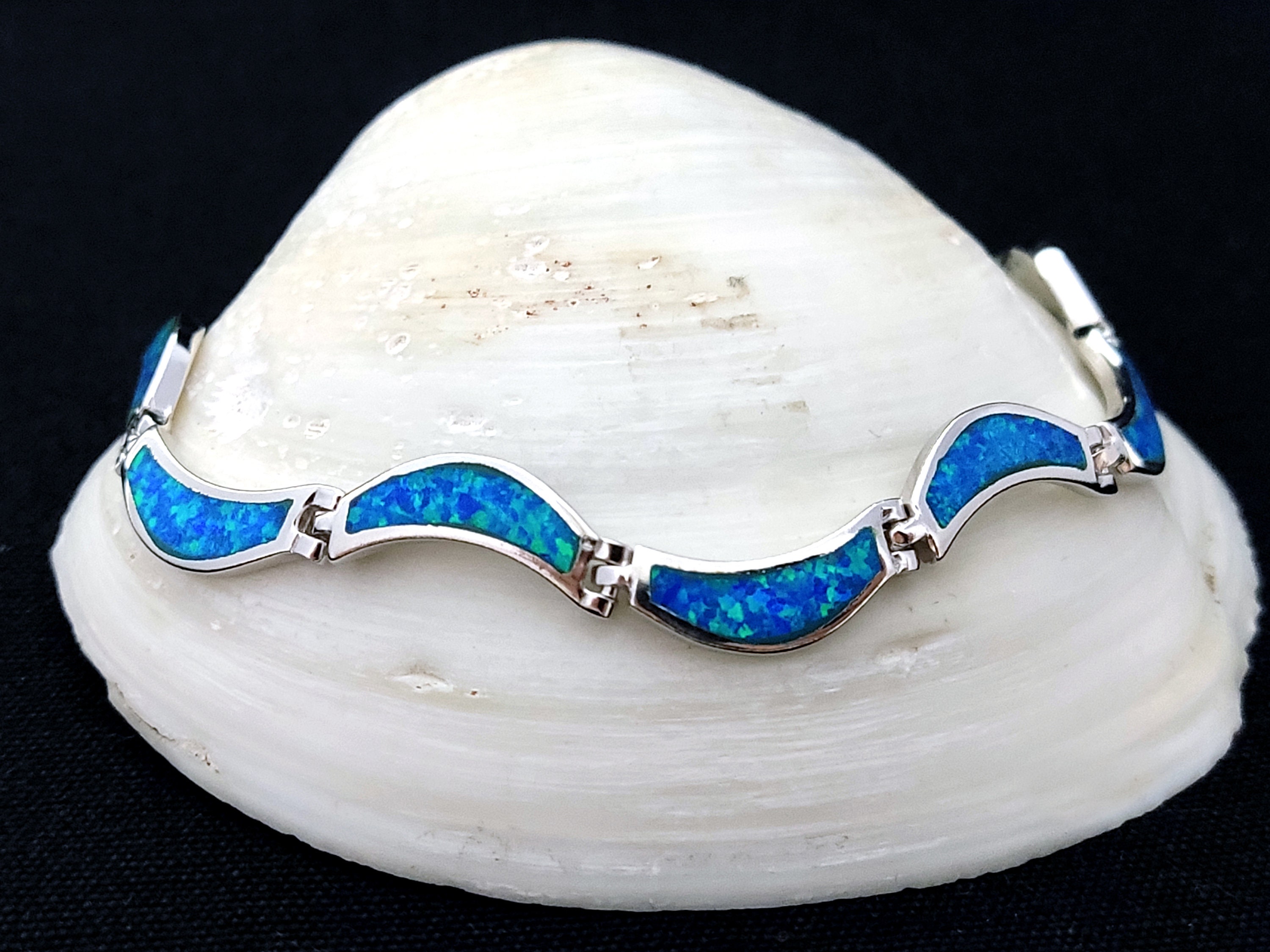 Bracciale greco curvo in argento sterling 925 con opale blu, bracciale in opale, bracciale in pietra opale blu in argento greco, bracciale in opale gr