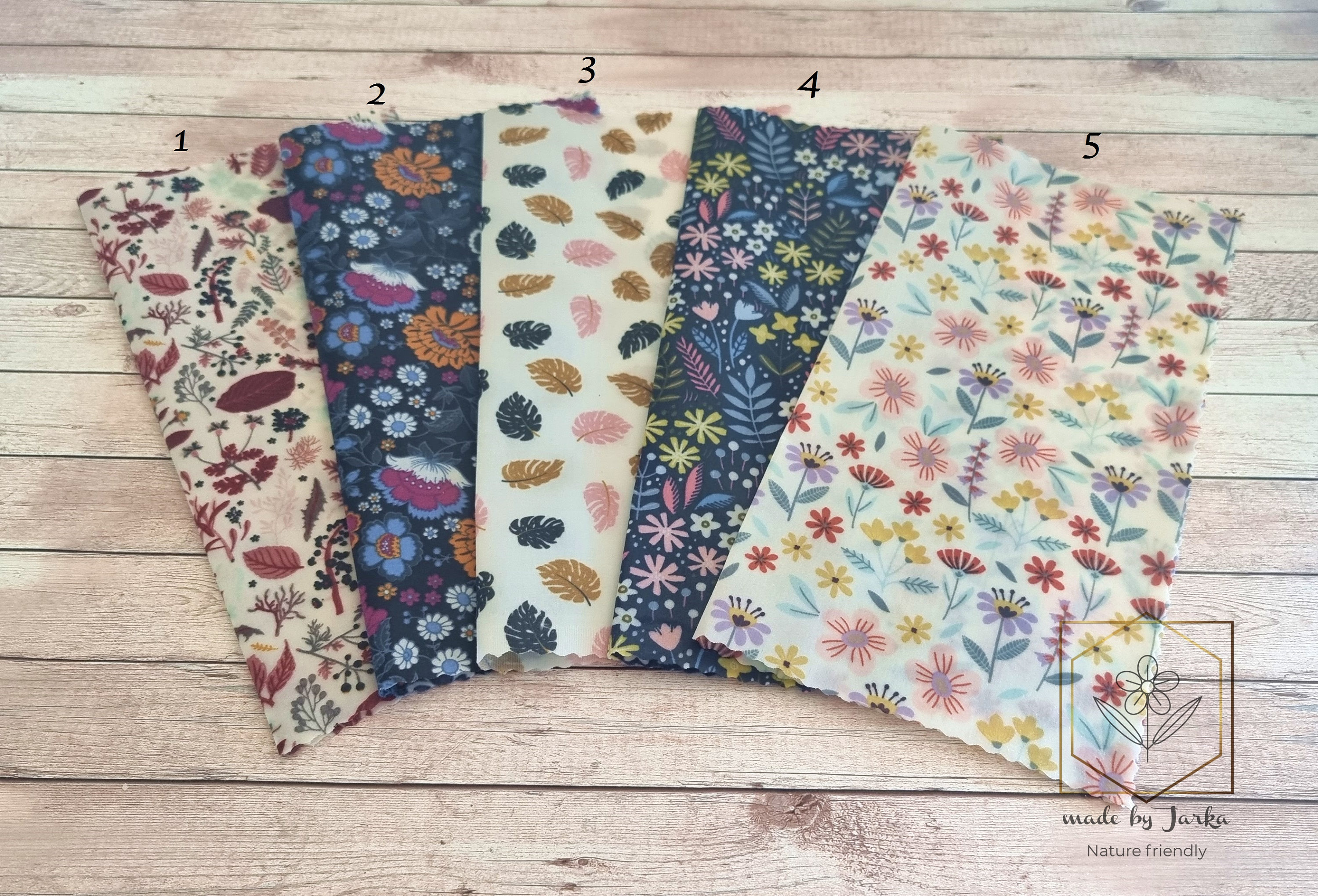 "Pellicole in cera d'api biologica 30 x 30 cm \"Fiori\" pellicola in cera d'api, confezione iniziale per alimenti, fatta a mano, cera d'api biologica, pe"