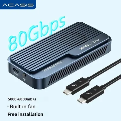 Acasis 80Gbps Thunderbolt 5 SSD Enclosure with Fan Cooling, JHL9480/RTL9210Chip for TB3/4/5 & USB4/3.2 Gen2, M.2 NVMe for Mac/PC