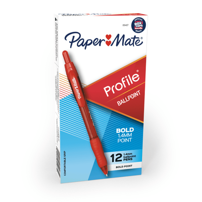 Paper Mate Profile Retractable Ballpoint Pens, Bold Point, 1.4 Mm, Translucent Barrel, Red Ink, Pack Of 12