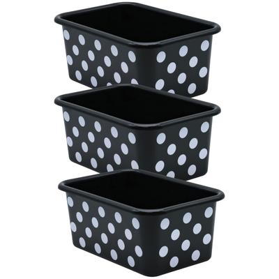 Teacher Created Resources Plastic Storage Bin, Small, White Polka Dots On Black, Pack Of 3