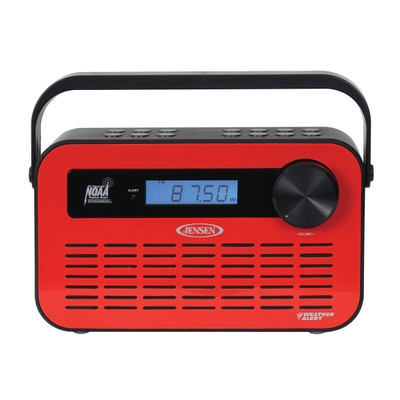 Jensen Portable Digital Am/fm Weather Radio With Weather Alert And 2-Way Charging, 5.1"h X 9"w X 2.3"d, Red